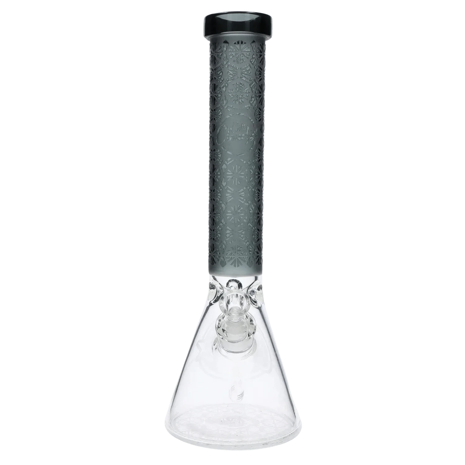 Centered front view of the Patterned Printed w/ Colored Tube Beaker - Black - 14 in. showing a tall patterned black tube atop a clear glass beaker base.