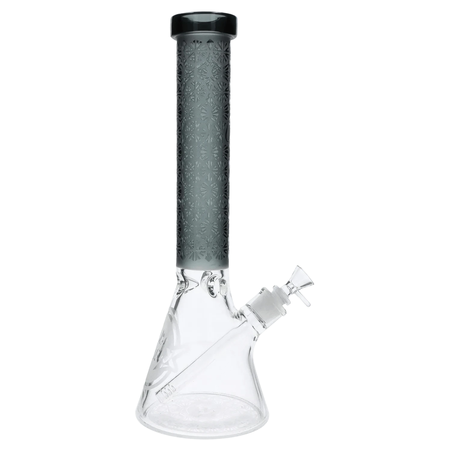 Straight-on view of the Patterned Printed w/ Colored Tube Beaker - Black - 14 in. showing the tall black patterned tube atop a clear glass beaker base.