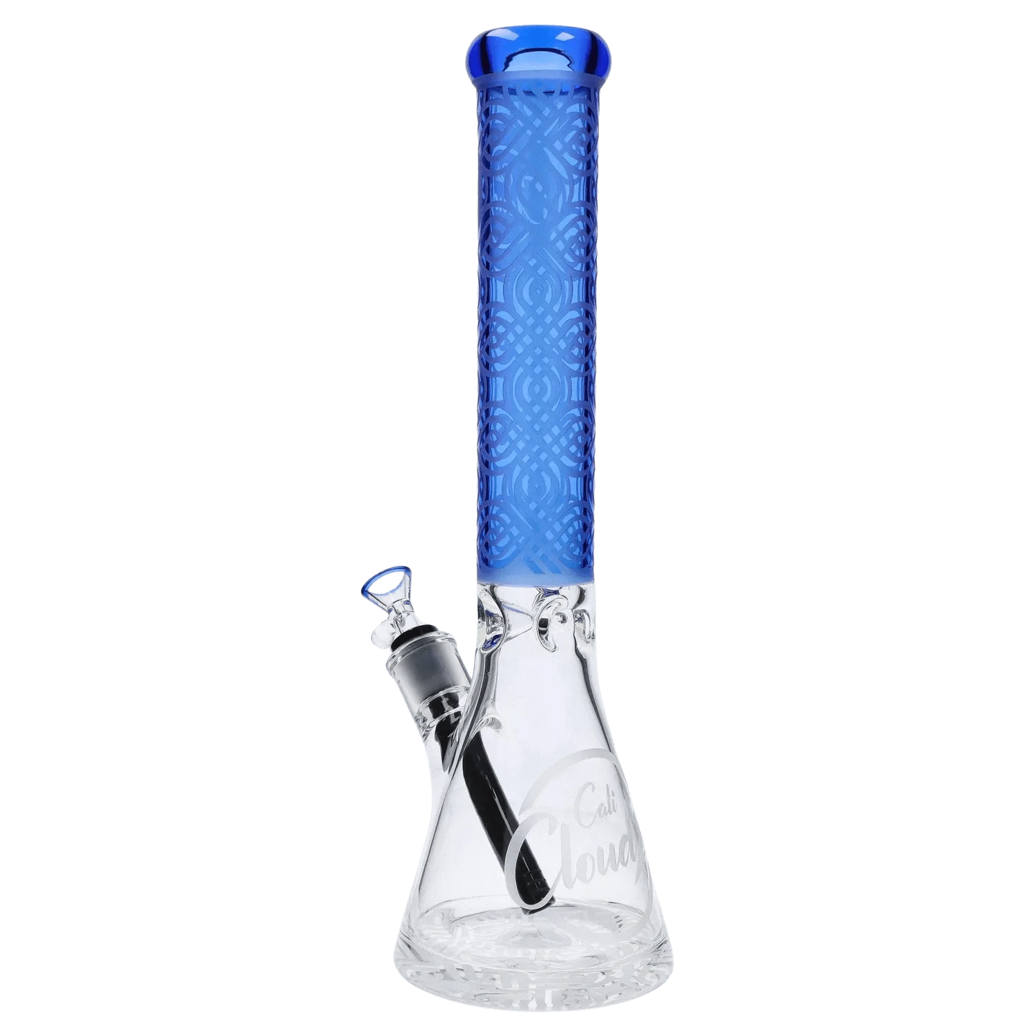 Straight-on view of the Patterned Printed w/ Colored Tube Beaker - Milky Blue - 14 in. showing its tall milky blue patterned neck and clear glass beaker base.