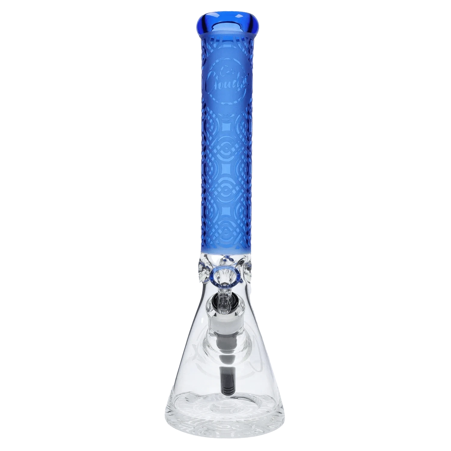 Straight-on view of the Patterned Printed w/ Colored Tube Beaker - Milky Blue - 14 in. showing a tall milky blue patterned tube atop a clear glass beaker base.