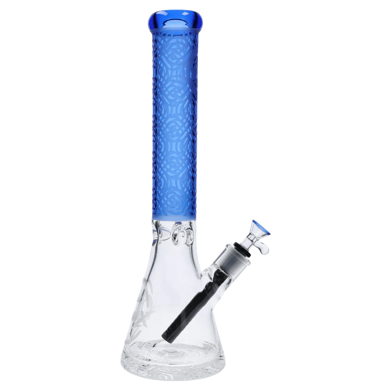 Vertical front view of the Patterned Printed w/ Colored Tube Beaker - Milky Blue - 14 in. showing the tall blue patterned neck and clear glass base with angled downstem.