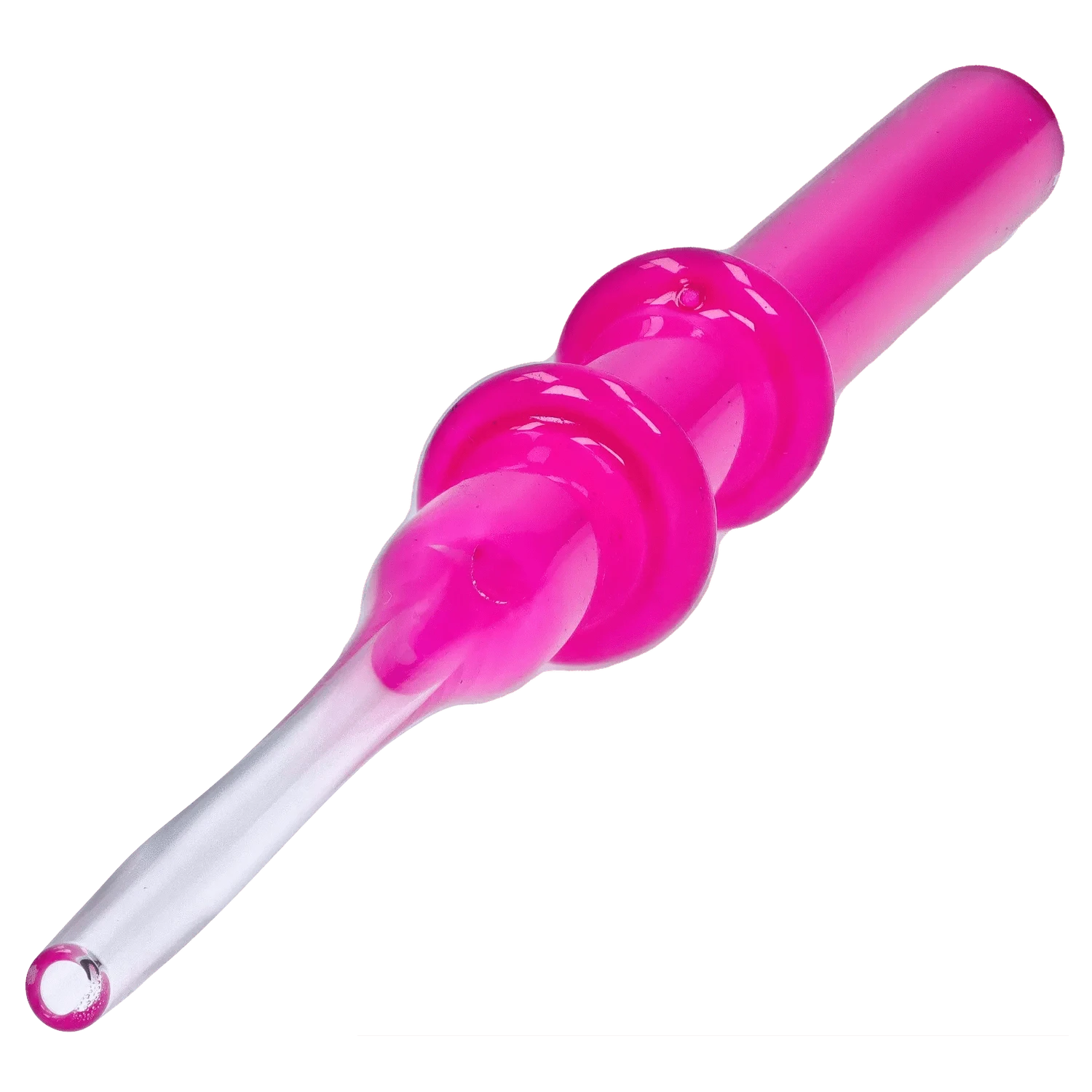 Angled close-up of the pink DHC Double Rim Glass Straw showing its rounded double-rim detail and tapered clear glass tip.