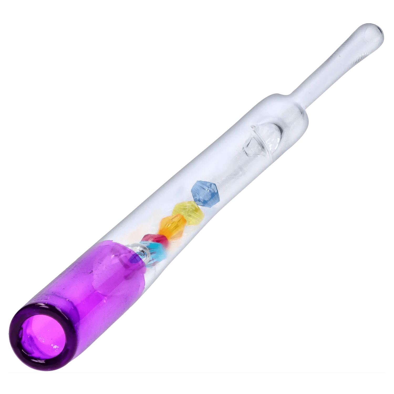 Angled close-up of the DHC Glass Straw with Beads showing clear glass with a purple tip and a row of colorful internal beads.