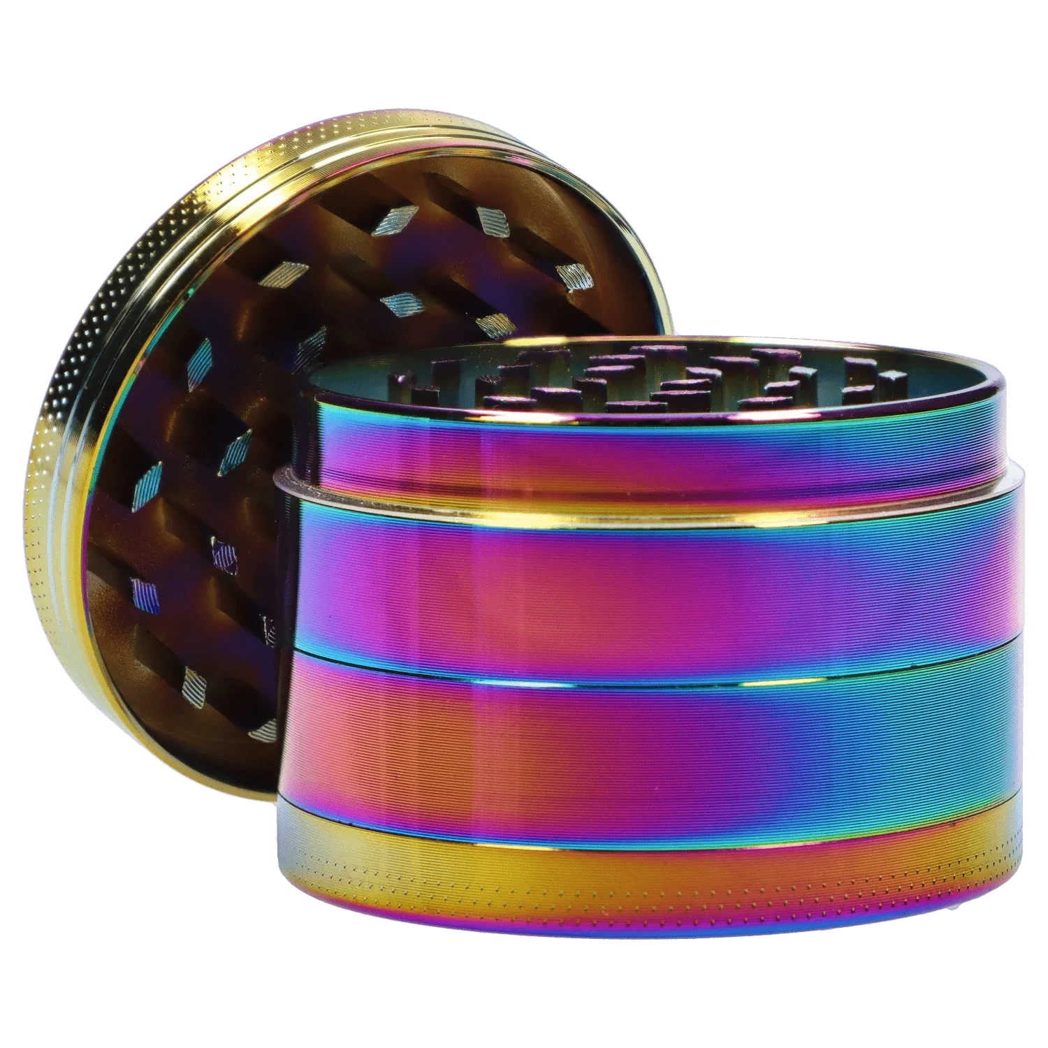 Close-up angled view of the iridescent DHC Grooved 3-Stage Grinder - 52mm showing textured edges and internal teeth.