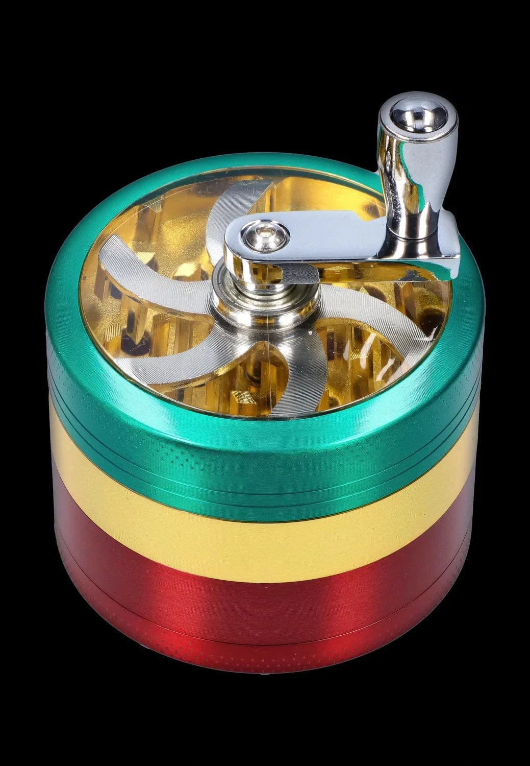 Close-up top-down view of the DHC 3-stage with Handle Grinder - 62mm showing a chrome crank handle over a gold interior and green, yellow, and red stacked outer rings against a black background
