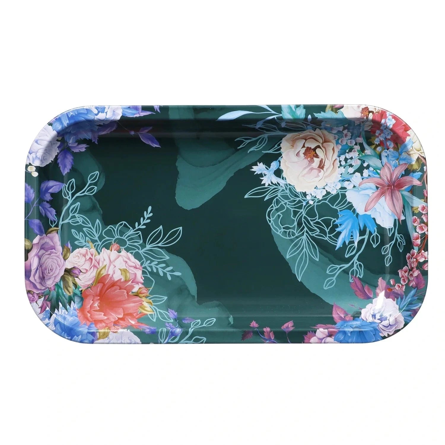 Top-down view of the medium Famous Design - Floral Lush Rolling Tray - Medium showing a deep green background framed by colorful painted roses, lilies, and foliage.