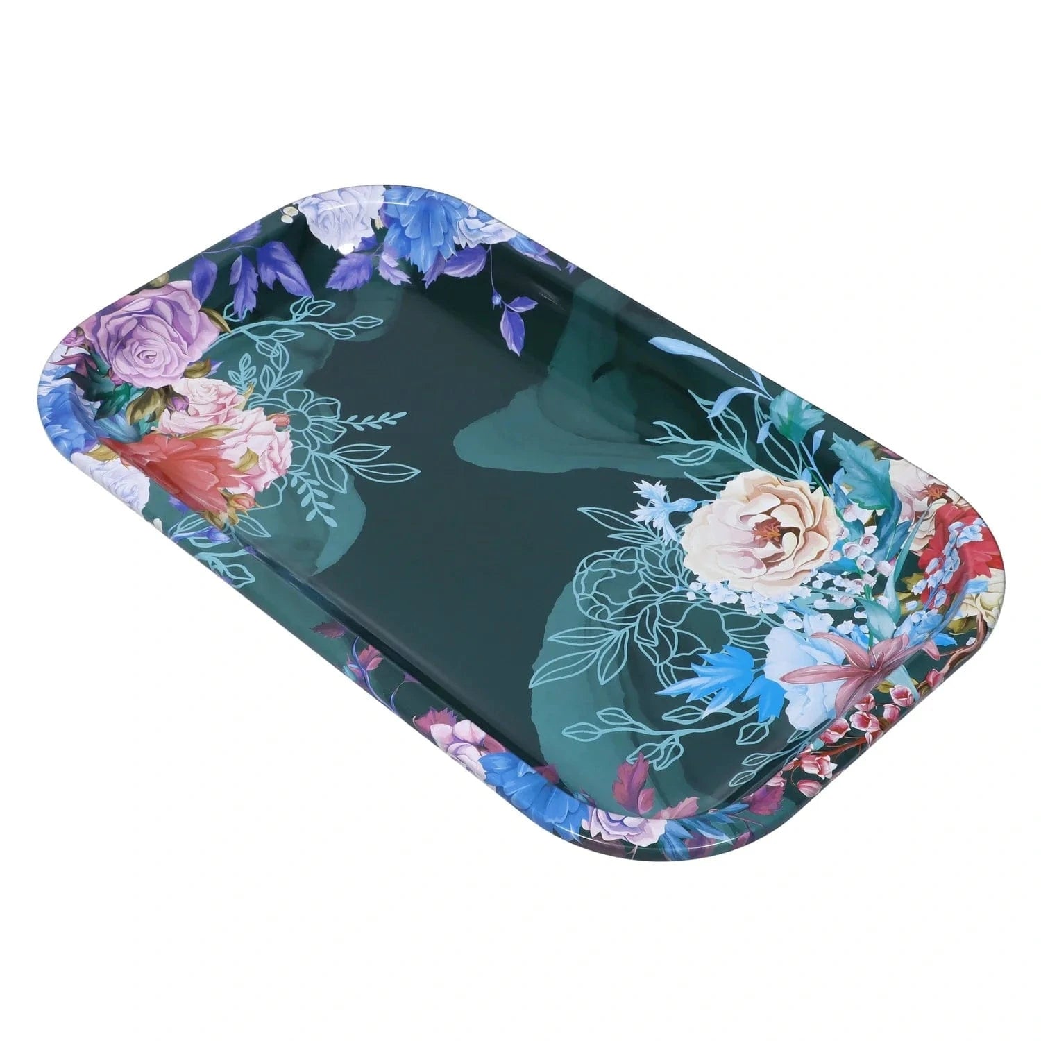 Angled top-down view of the Famous Design - Floral Lush Rolling Tray - Medium showing a dark green center framed by colorful painted roses and blue florals.