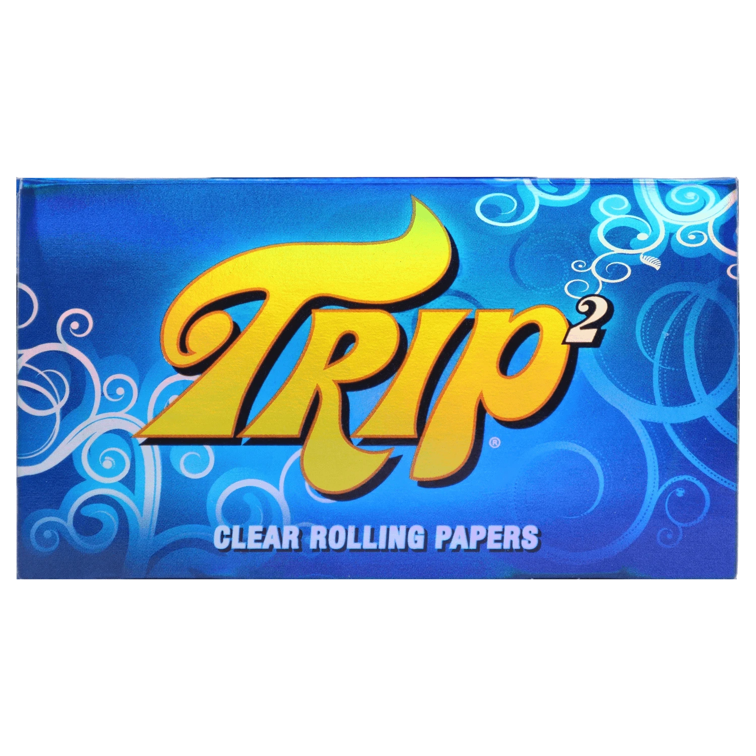 Top-down close-up of the blue box front with large yellow "Trip²" logo and swirling patterns on the "Deep Sea Adventure" Smoking Box.