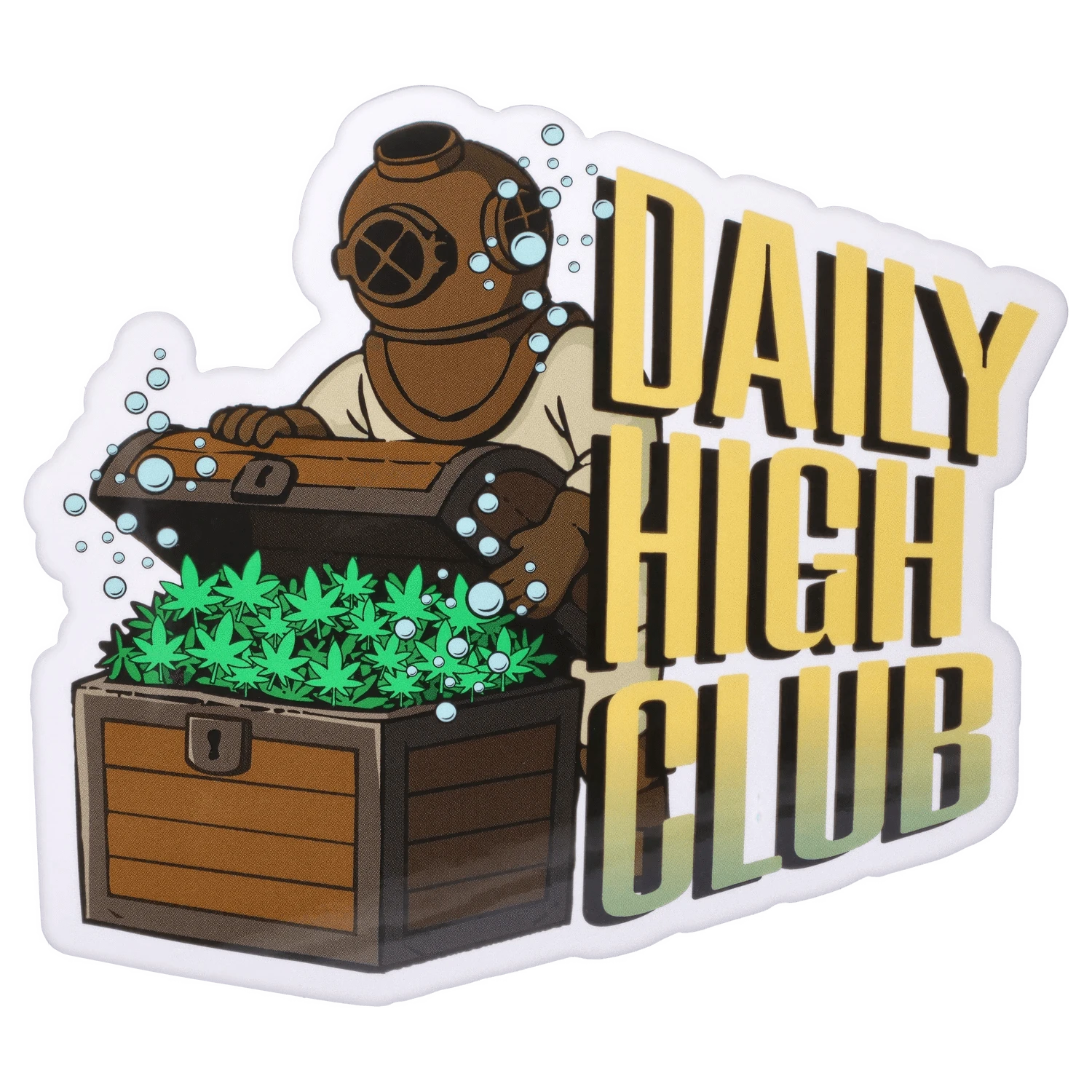 Sticker-style illustration of a diver opening a treasure chest full of green plants beside bold yellow text, "Deep Sea Adventure" Smoking Box.