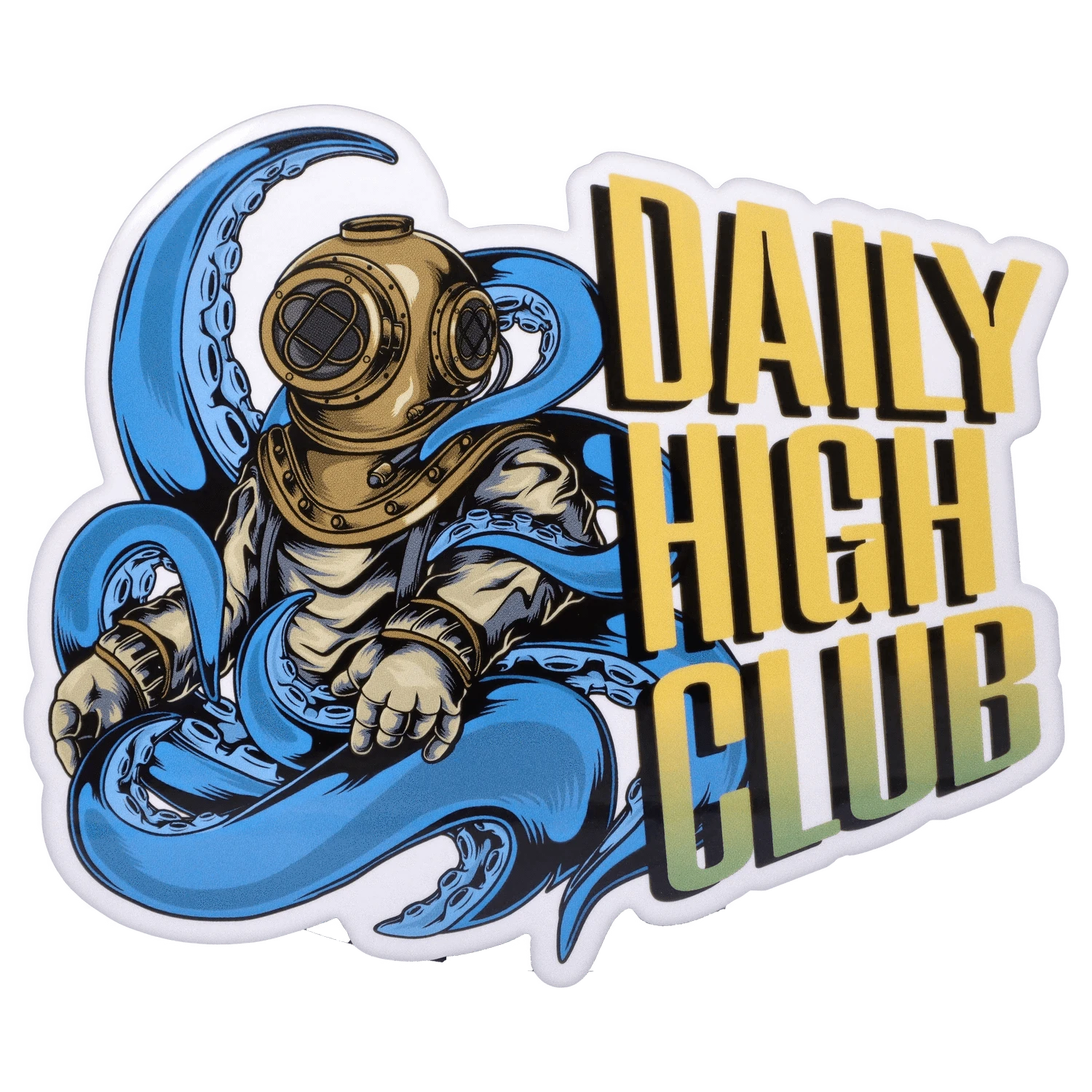 Angled close-up of a brass-diver helmet wrapped by blue octopus tentacles beside bold yellow text reading "DAILY HIGH CLUB" for the "Deep Sea Adventure" Smoking Box