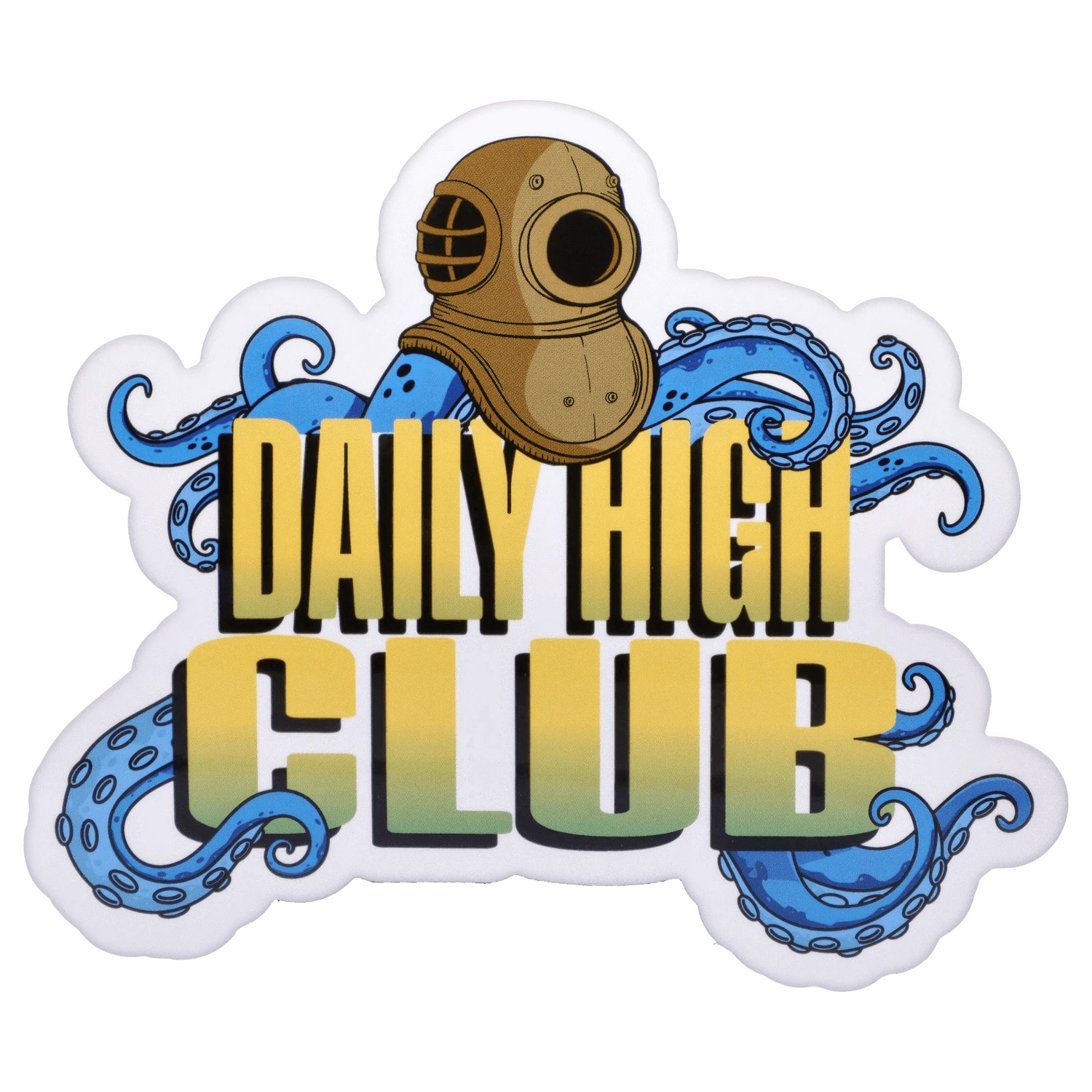 Top view of the "Deep Sea Adventure" Smoking Box showing a brass diving helmet above large yellow "DAILY HIGH CLUB" lettering with blue octopus tentacles.