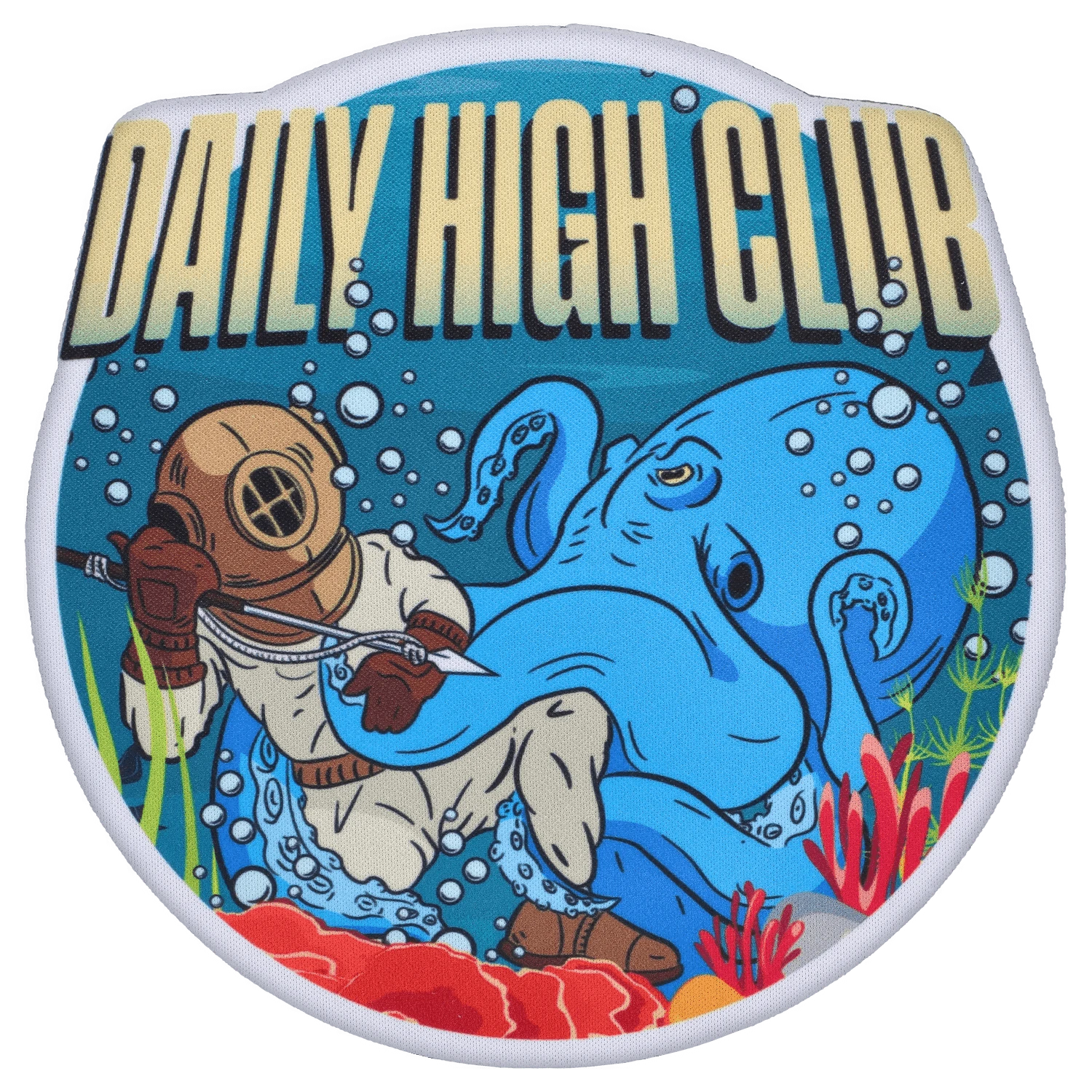 Top-down view of the "Deep Sea Adventure" Smoking Box showing a vintage diver grappling with a large blue octopus beneath bold "DALLY HIGH CLUB" lettering.