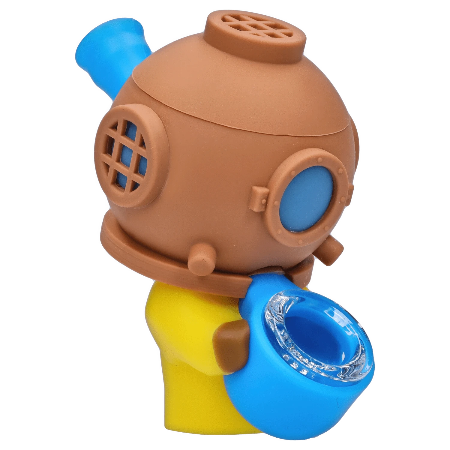 Close-up side view of the "Deep Sea Adventure" Smoking Box showing a brown vintage diver helmet with blue portholes held by a yellow figure.