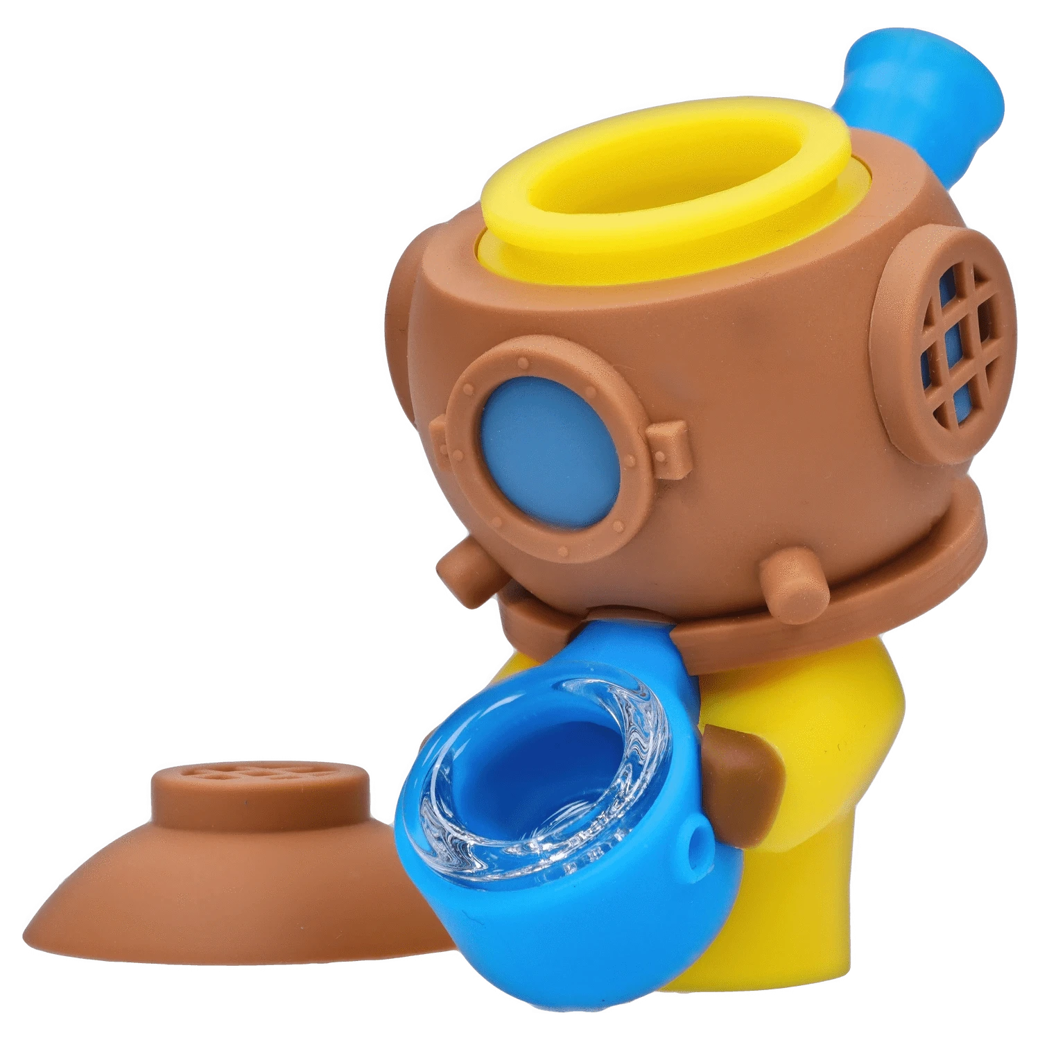 Close-up three-quarter view of the "Deep Sea Adventure" Smoking Box showing a brown diver helmet with blue portholes and a yellow top rim.