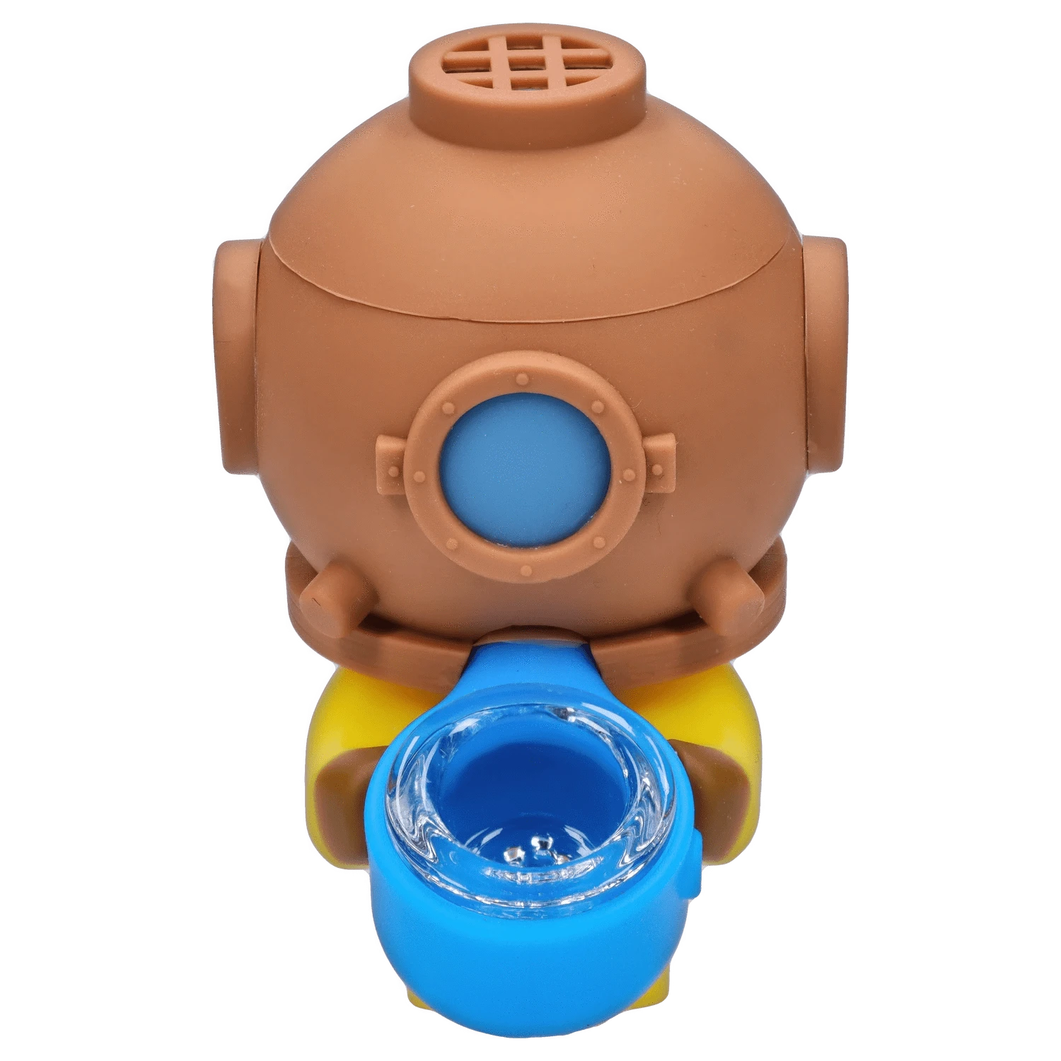 Top-down view of the "Deep Sea Adventure" Smoking Box showing a brown diver-style helmet with a blue porthole and a bright blue rounded mouthpiece.
