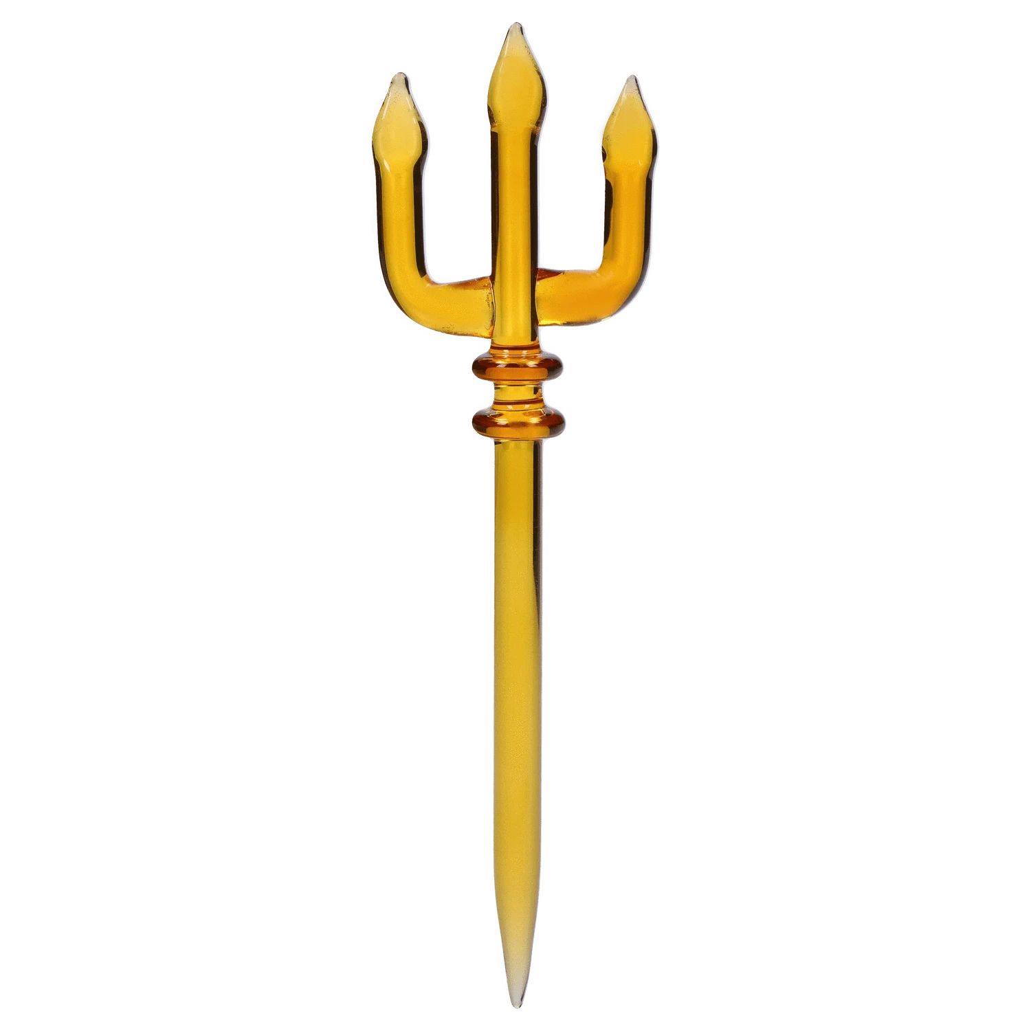 Center-frontal view of a golden trident glass skewer from the "Deep Sea Adventure" Smoking Box against a plain background.