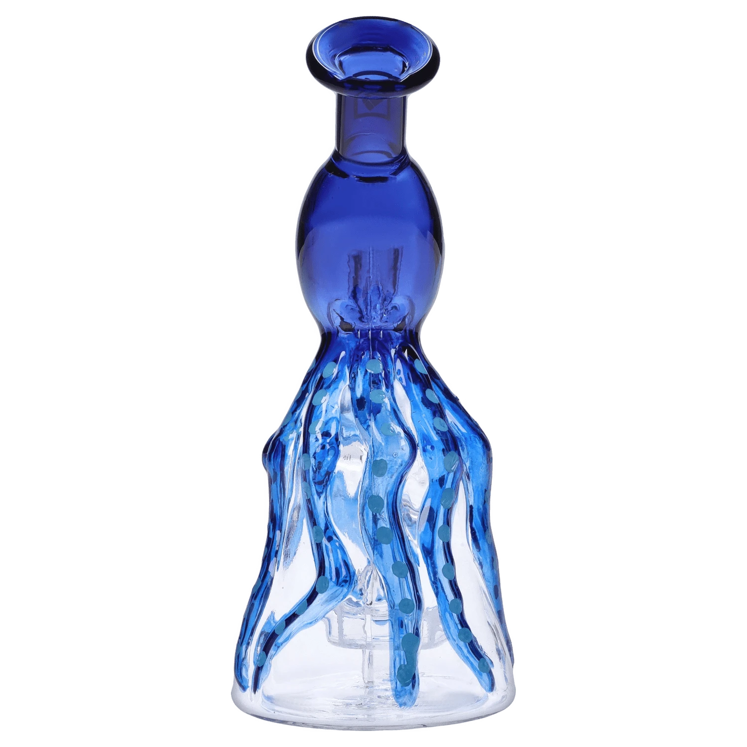 Front view close-up of the blue glass "Deep Sea Adventure" Smoking Box showing a flared mouthpiece and tentacle-like swirls down the body.