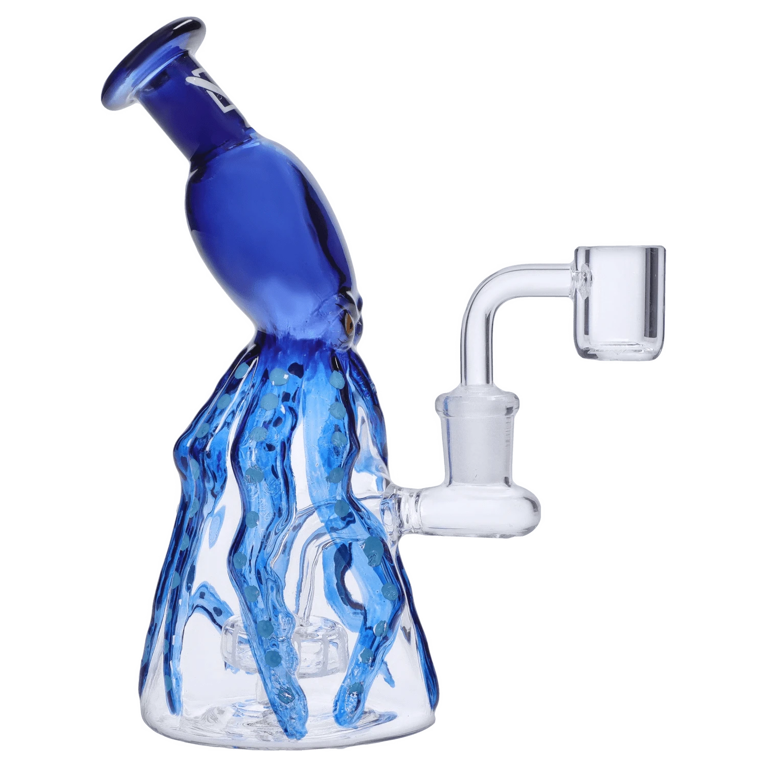Angled close-up of the blue glass "Deep Sea Adventure" Smoking Box showing an octopus-like dripped body and clear glass joint.