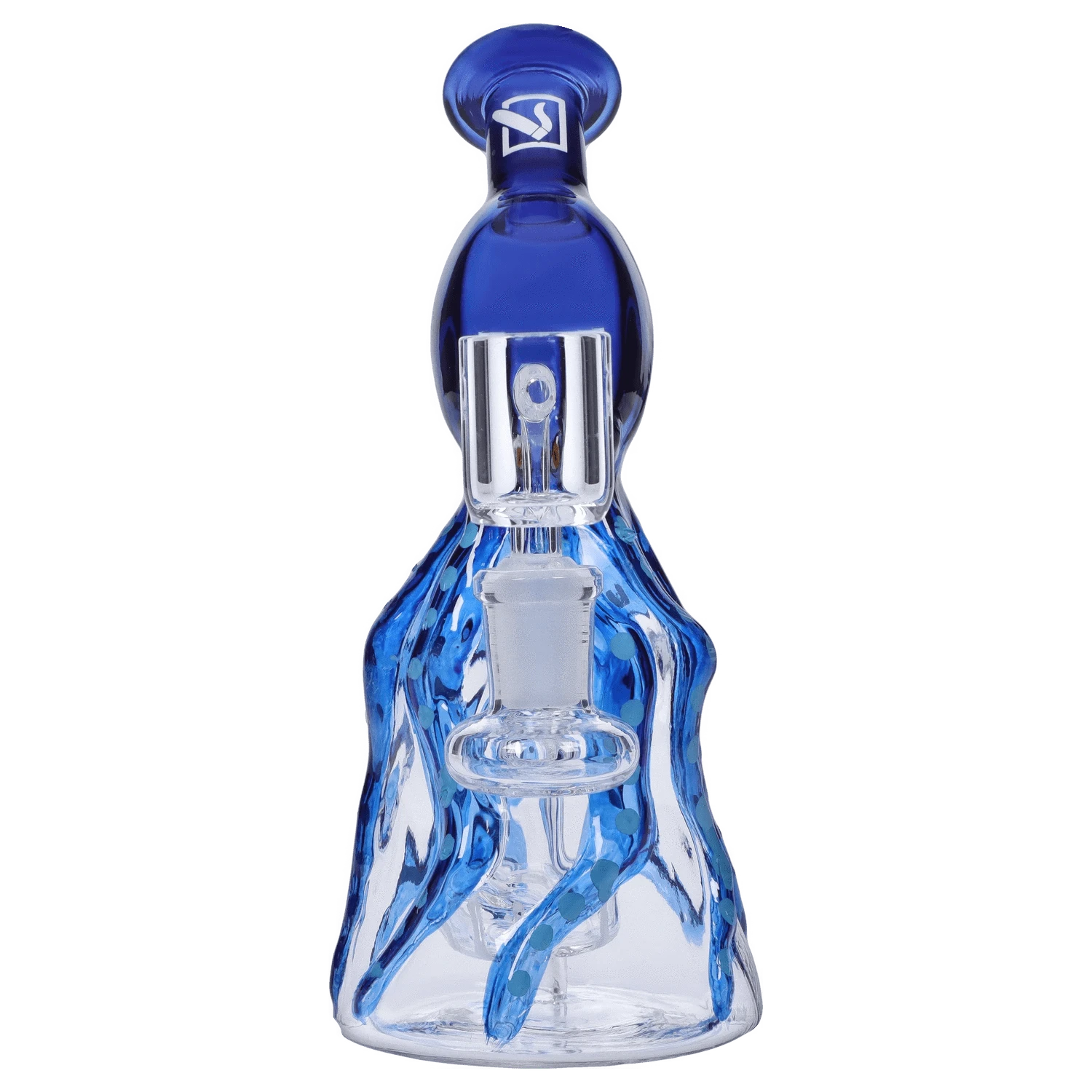 Centered close-up of the blue glass "Deep Sea Adventure" Smoking Box showing its top mouthpiece, clear joint, and wavy tentacle-like accents.