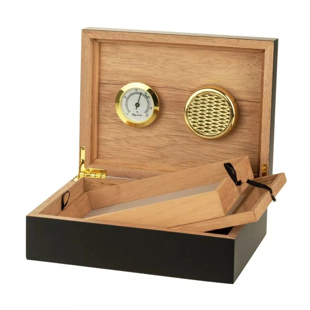 Angled front view of the Sigaro Personal Humidor Wood Box with Hygrometer | Black showing its open black exterior, natural wood interior, gold hygrometer and vent.