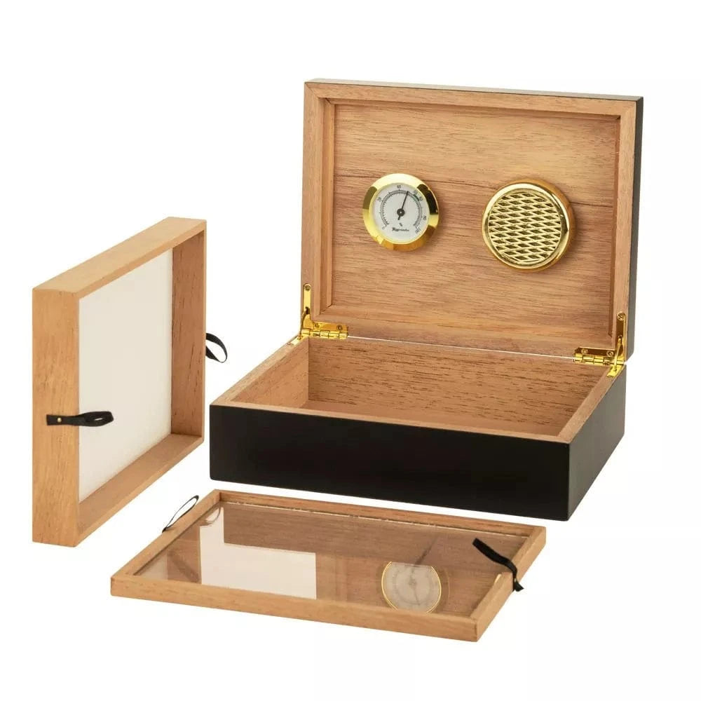 Angled view of the open Sigaro Personal Humidor Wood Box with Hygrometer | Black showing the wood interior, gold hygrometer and vent, removable glass tray, and detached lid.
