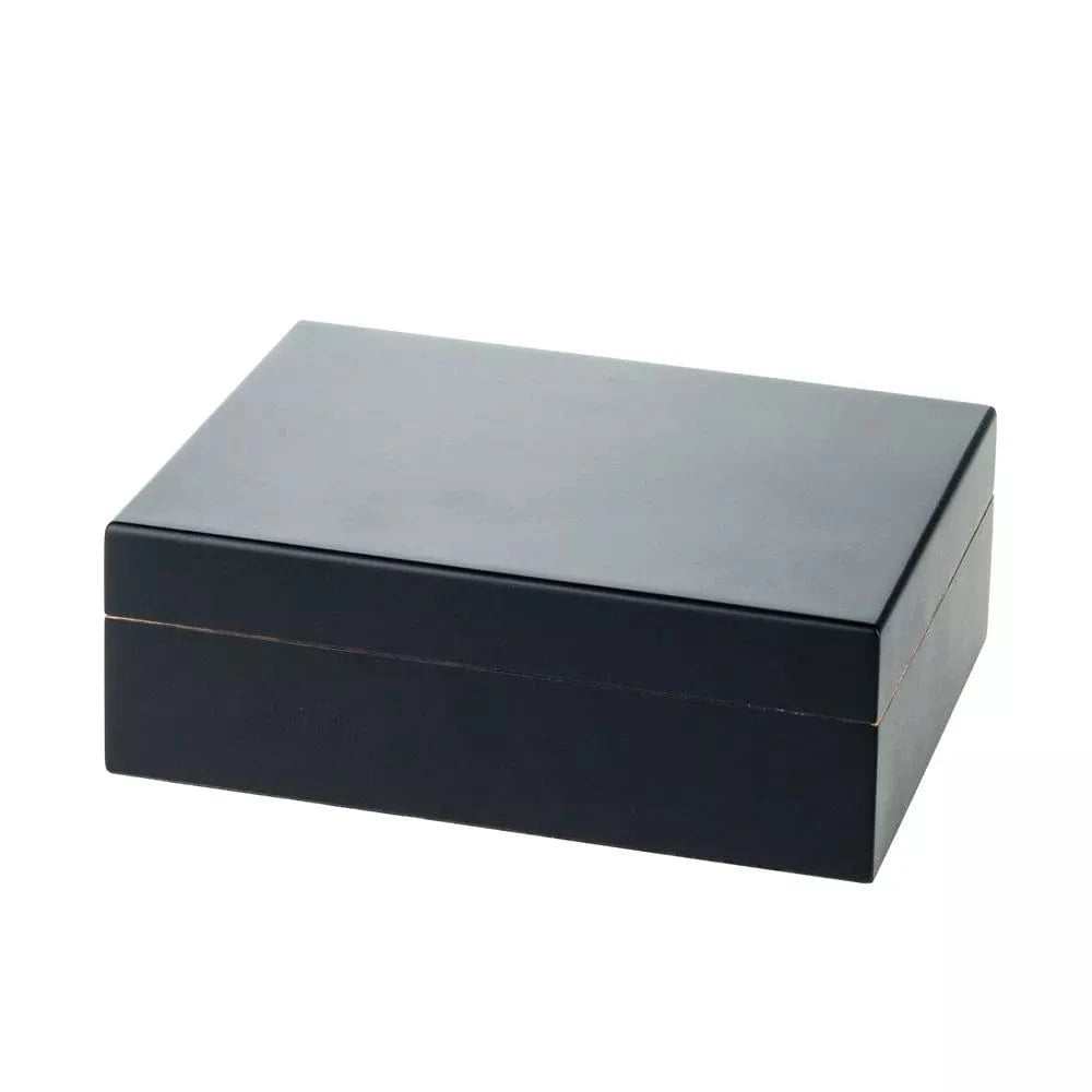 Angled front view of the Sigaro Personal Humidor Wood Box with Hygrometer | Black showing its matte black rectangular lid and subtle seam around the box on a white background