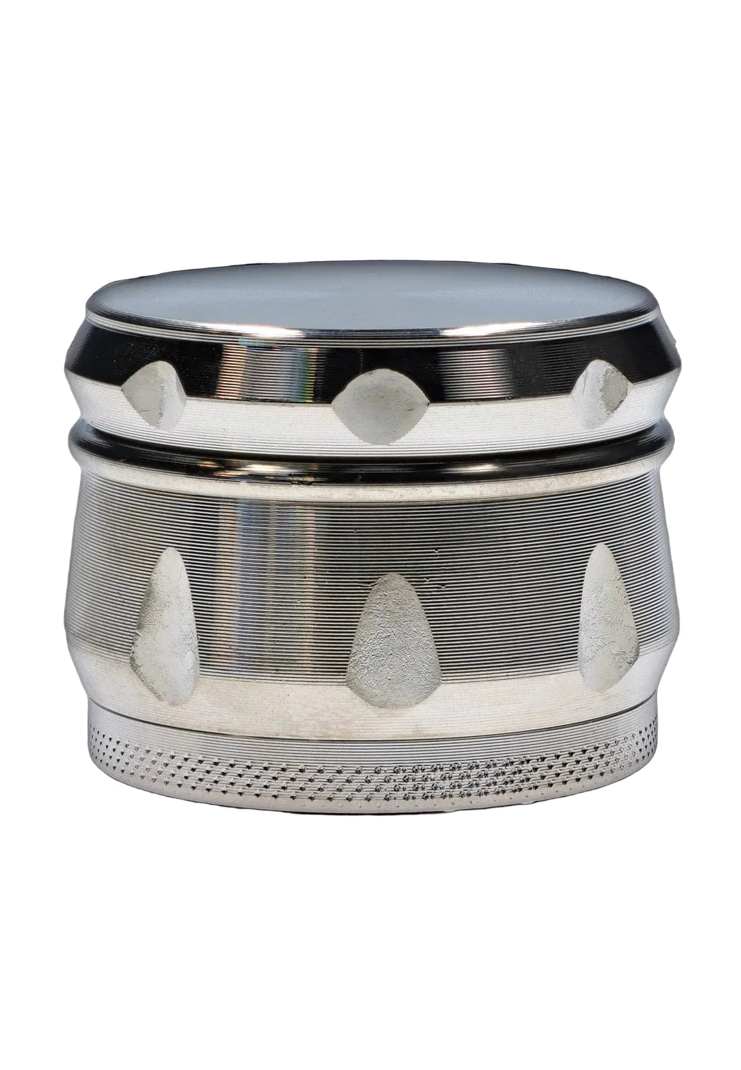 Close-up front view of the chrome DHC Grooved 3-Stage Grinder - 62mm showing its textured grooves and teardrop indentations.