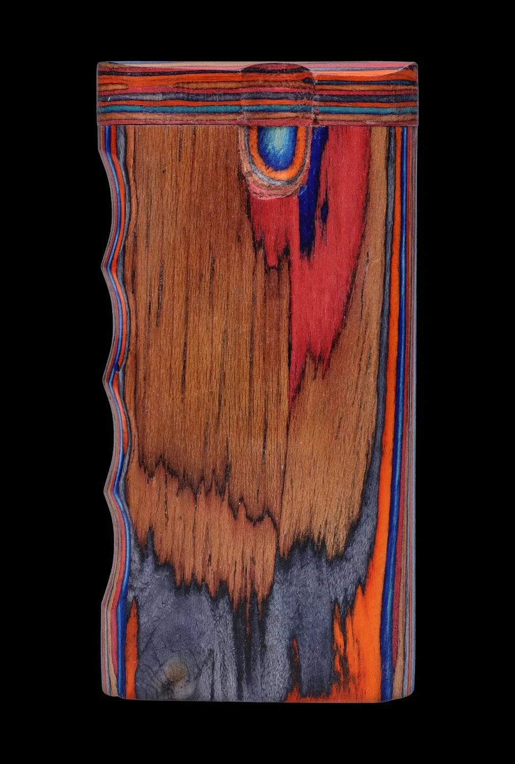Top-down close-up of the large DHC Colourful Wood Grain Dugout - Large showing vivid layered wood grain, wavy finger grooves, and a black background