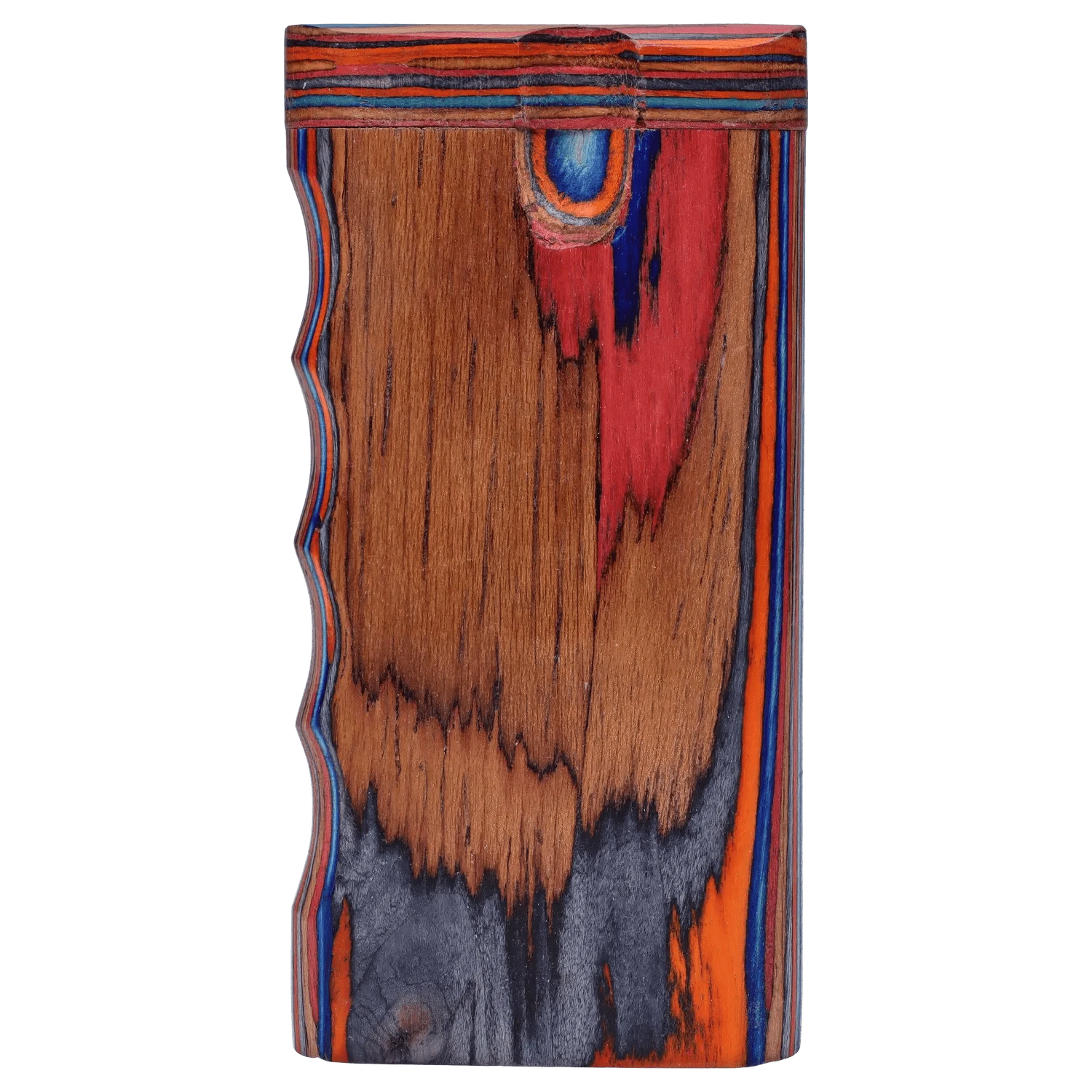 Top-down close-up of the DHC Colourful Wood Grain Dugout - Large showing layered red, orange, blue and natural wood grain with a carved side profile.