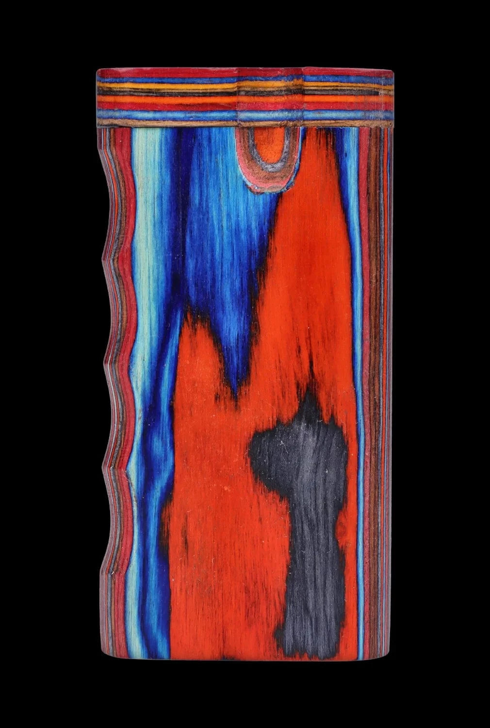Front-facing close-up of the large DHC Colourful Wood Grain Dugout - Large showing vivid red, blue and black layered wood grain against a black background.