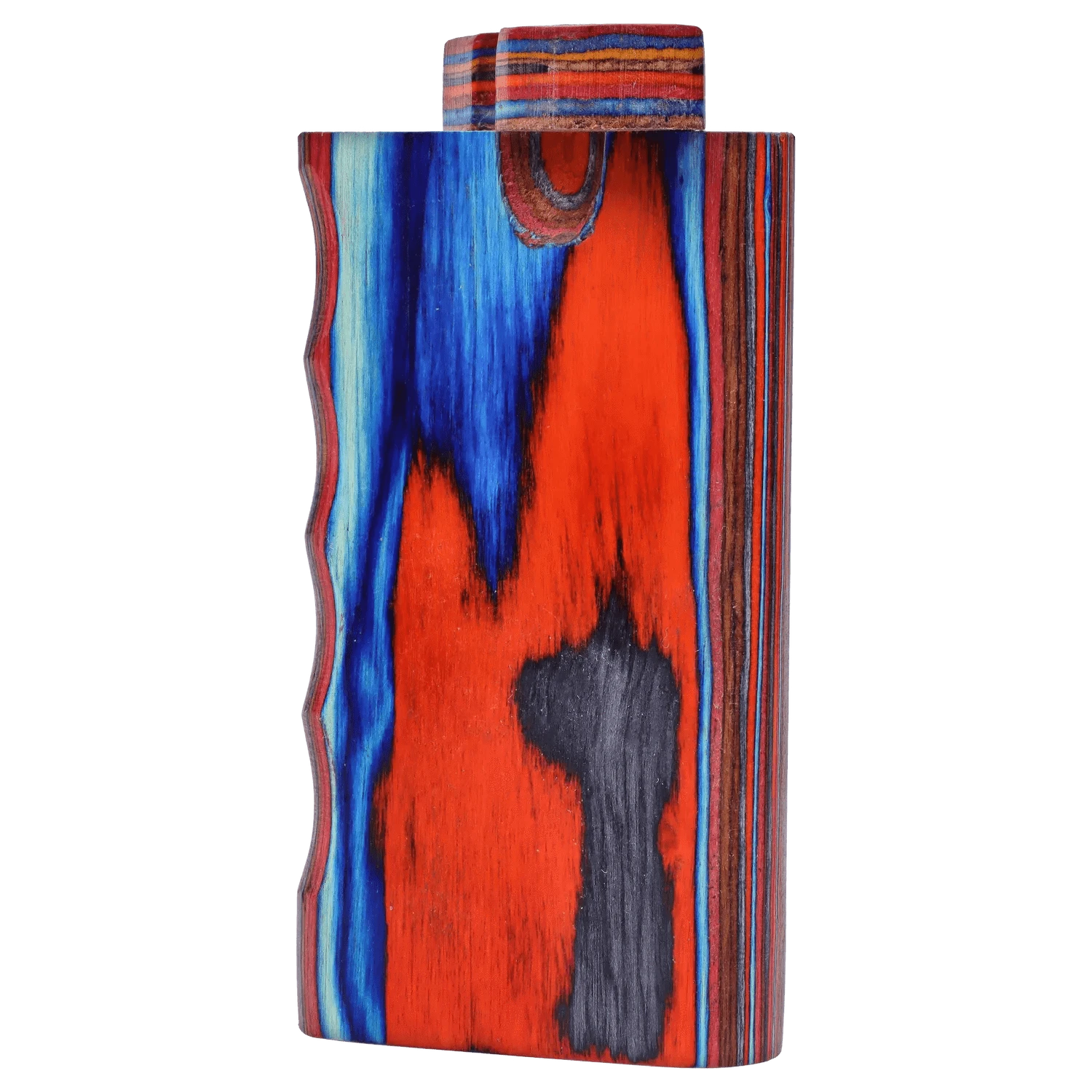 Close-up front view of the colorful wood grain DHC Colourful Wood Grain Dugout - Large showing vivid red, blue, black and layered edge stripes.