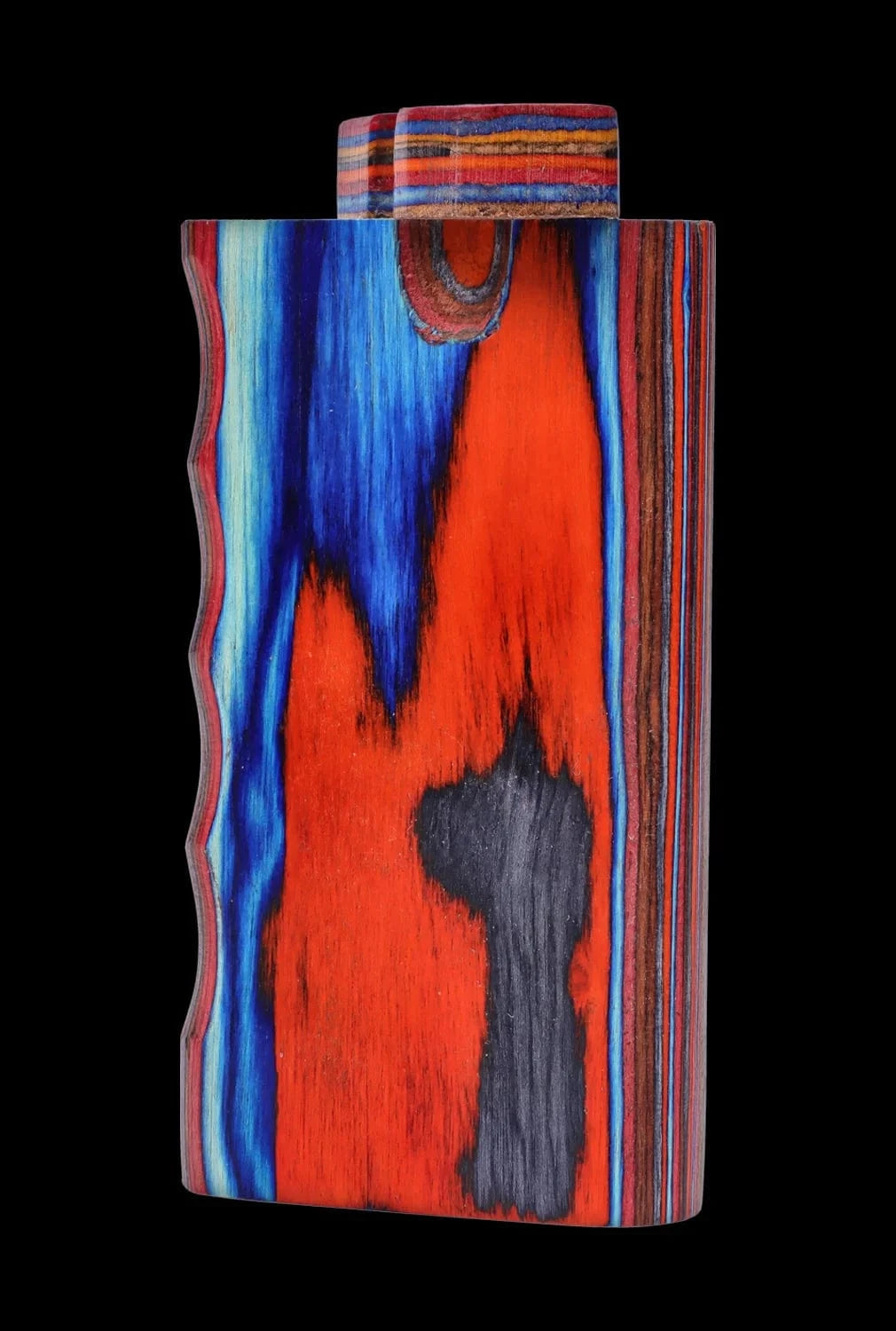 Close-up front view of the DHC Colourful Wood Grain Dugout - Large showing vivid red, blue, and black layered wood grain against a black background.
