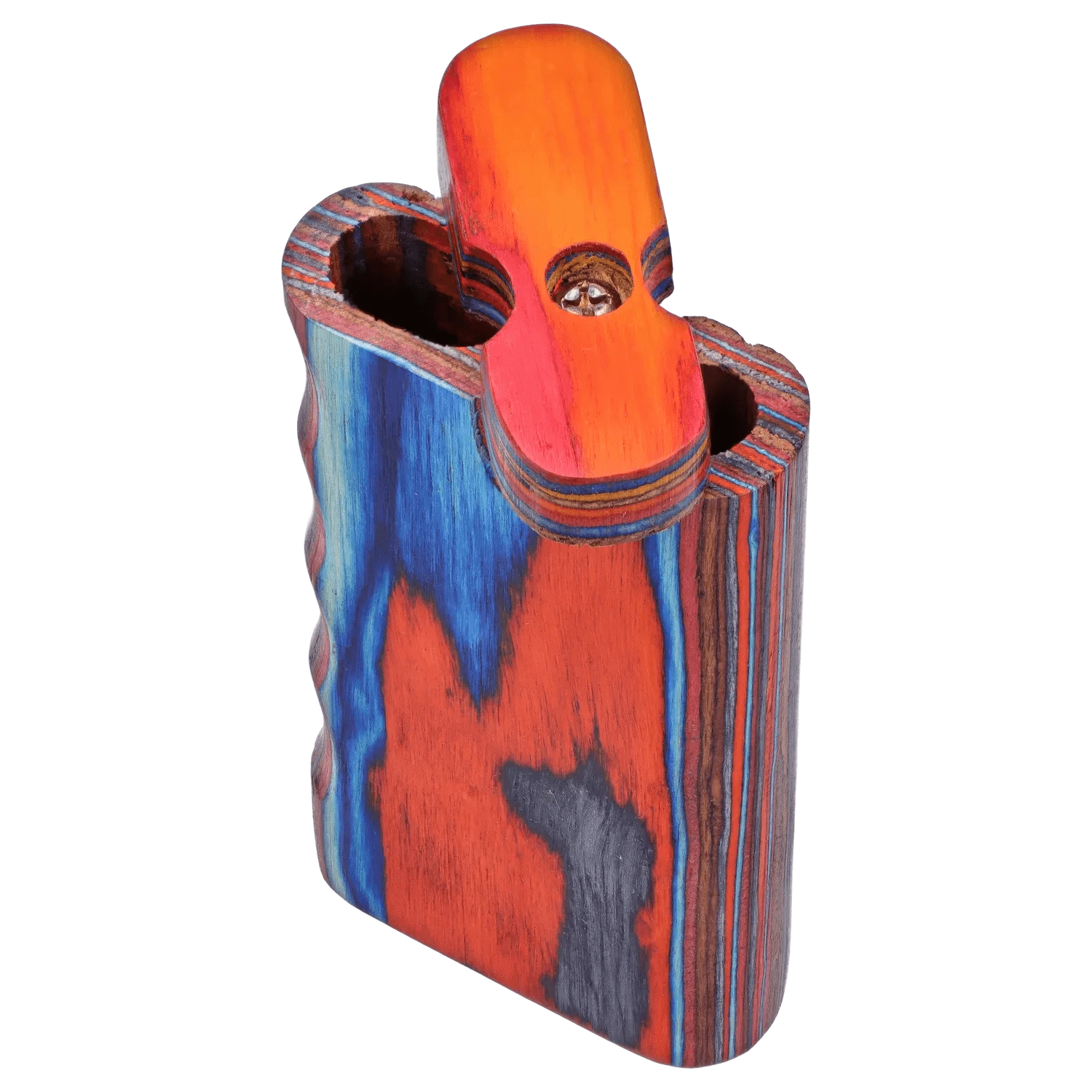 Angled close-up of the colorful wood grain DHC Colourful Wood Grain Dugout - Large showing its orange lid and blue-red layered body