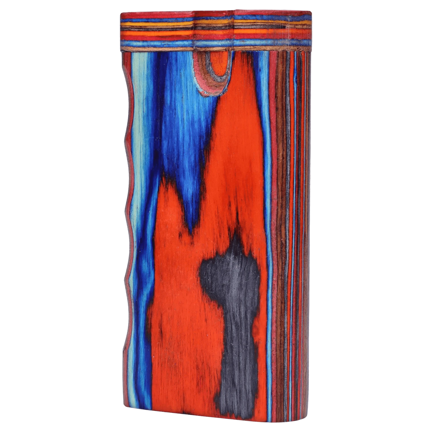 Tall close-up of the colourful grained surface of a DHC Colourful Wood Grain Dugout - Large, showing vivid red, blue and black streaks.