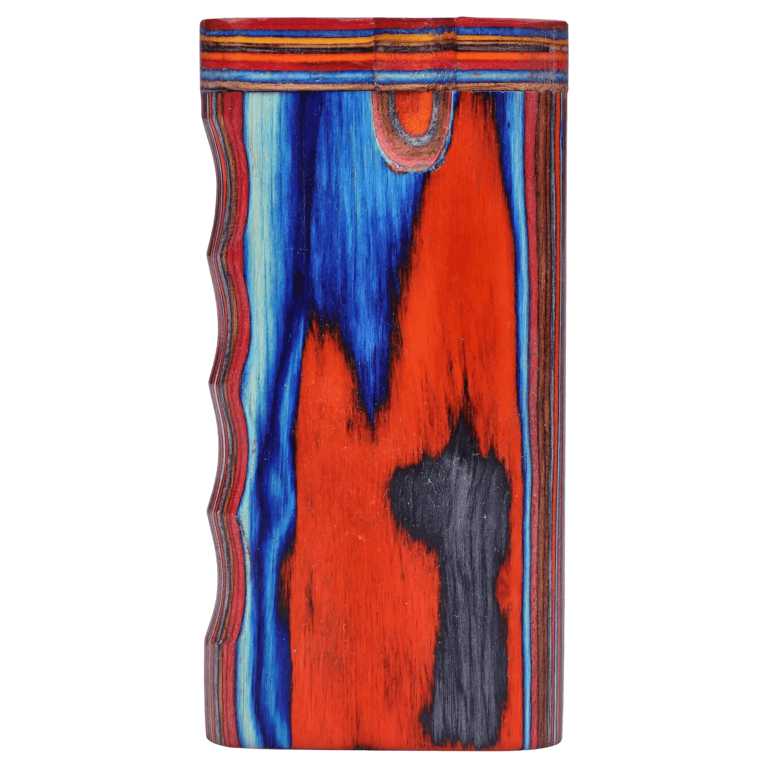 Close-up front view of the colorful wood grain pattern on the DHC Colourful Wood Grain Dugout - Large, showing vivid blue, red and black streaks.