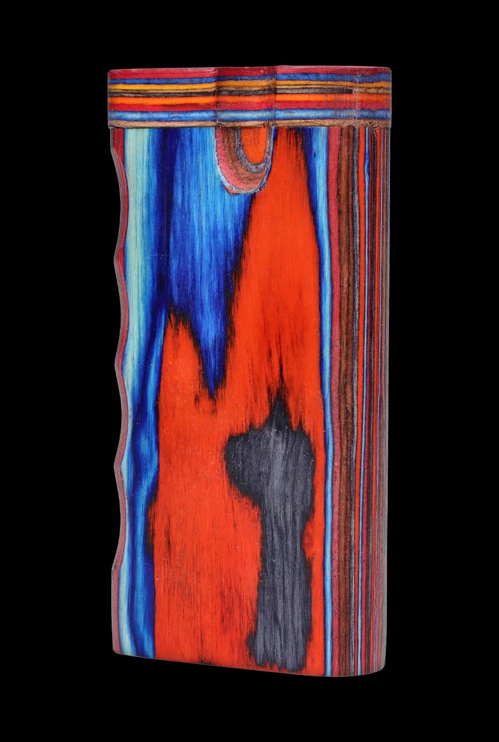 Tall front view of the DHC Colourful Wood Grain Dugout - Large showing vivid red, blue, and black wood grain bands against a black background