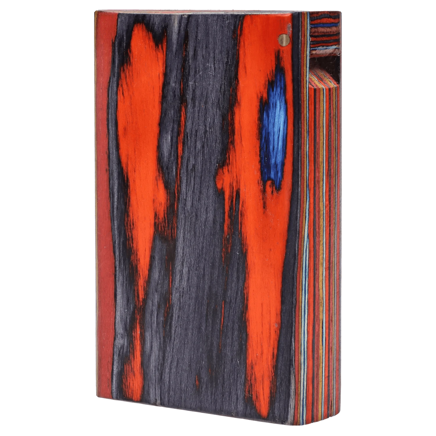 Close-up front view of the DHC Colorful Wood Grain Dugout - Small showing bright red and black streaked wood with a blue knot and striped layered edge.