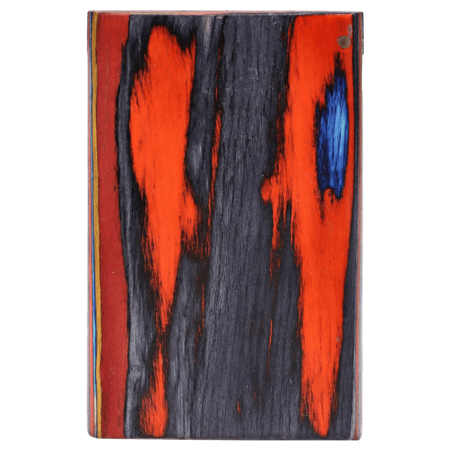 Close-up front view of the DHC Colorful Wood Grain Dugout - Small showing a vertical wood block with vivid red streaks, black grain and a blue knot.