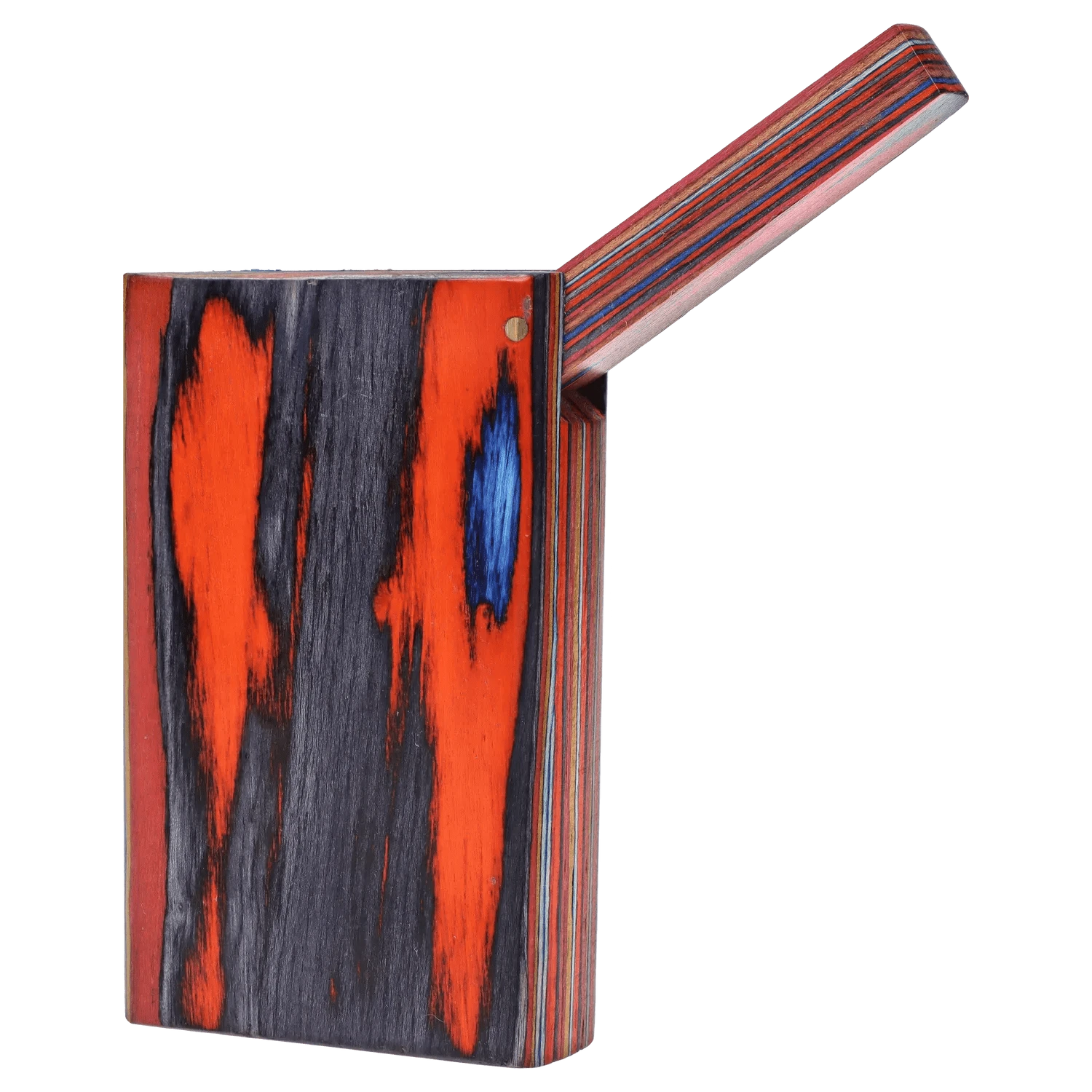 Close-up angled view of the DHC Colorful Wood Grain Dugout - Small showing red, black, and blue streaked wood grain and a striped sliding lid.