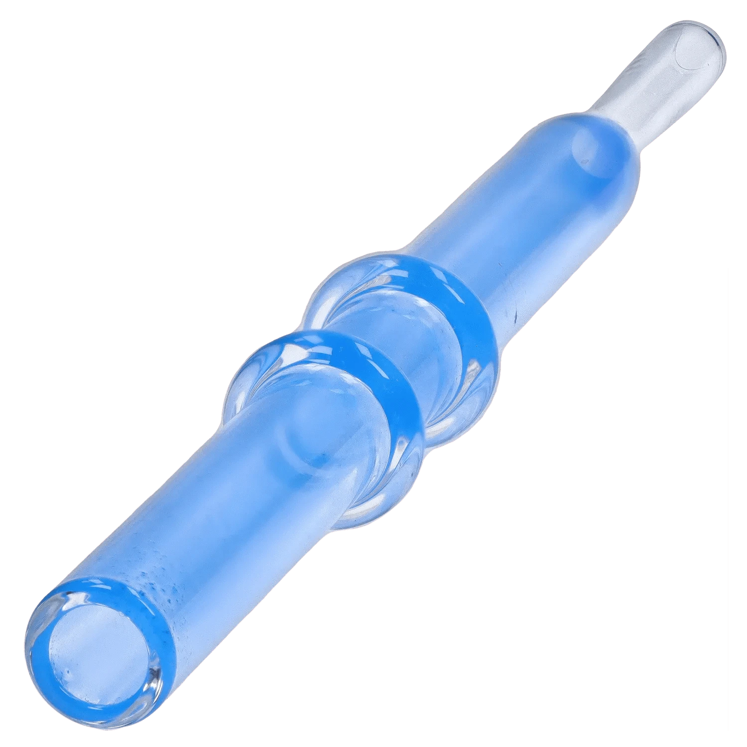 Angled close-up of a translucent blue DHC Double Rim Glass Straw showing two raised rim rings and a rounded mouth end.