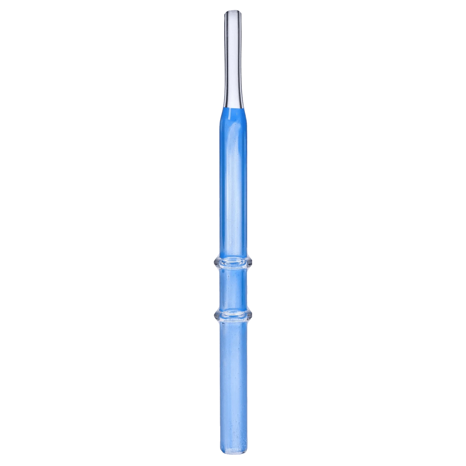Straight vertical close-up of a translucent blue DHC Double Rim Glass Straw with a clear rounded rim and subtle reflective highlights.