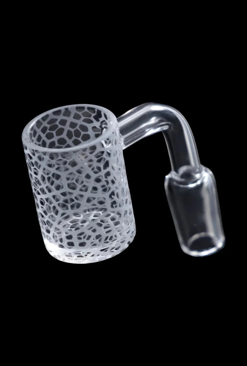 Angled close-up of a frosted, spiderweb-patterned DHC Frosted Banger - 14mm with a clear bent glass joint against a black background