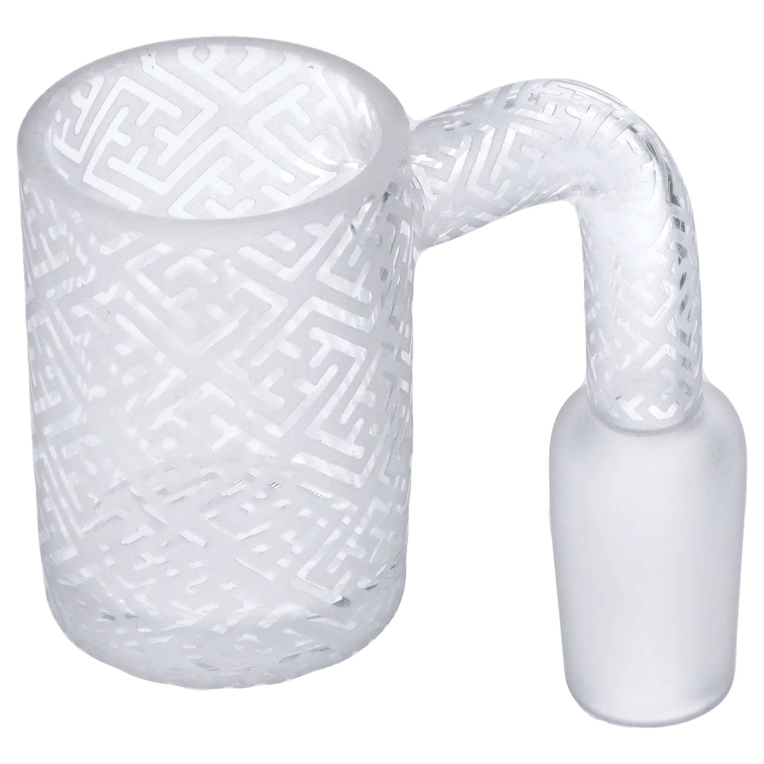 Close-up angled view of the frosted glass DHC Frosted Banger - 14mm showing its frosted maze-etched cup and curved neck against a plain background.