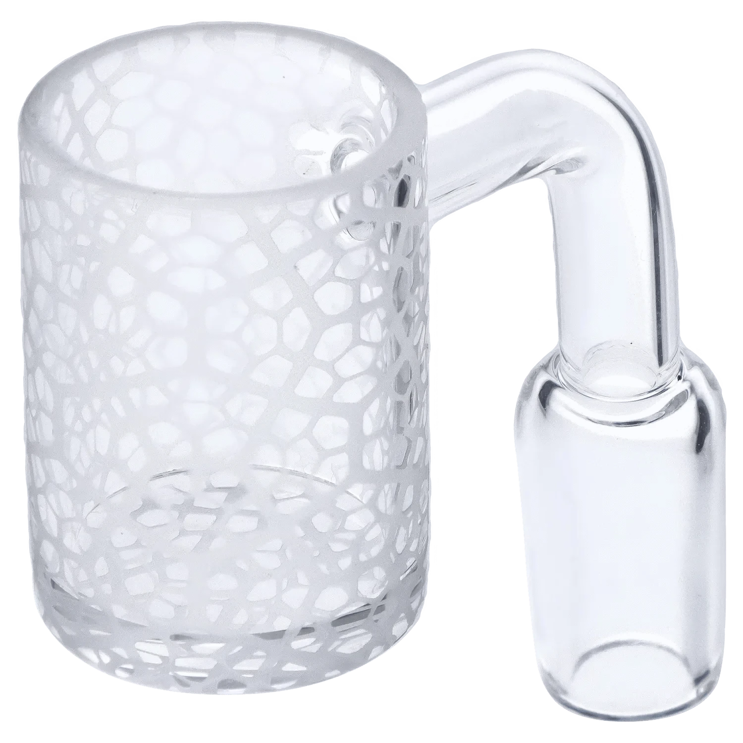 Close-up angled view of the DHC Frosted Banger - 14mm showing the frosted, webbed-patterned bucket and clear bent neck joint.