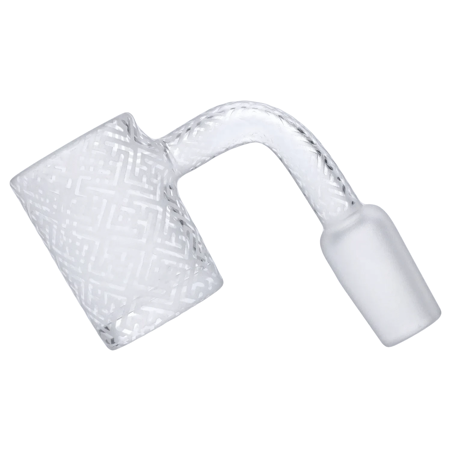 Angled close-up of the DHC Frosted Banger - 14mm showing a frosted glass bucket and curved neck with etched geometric patterns.