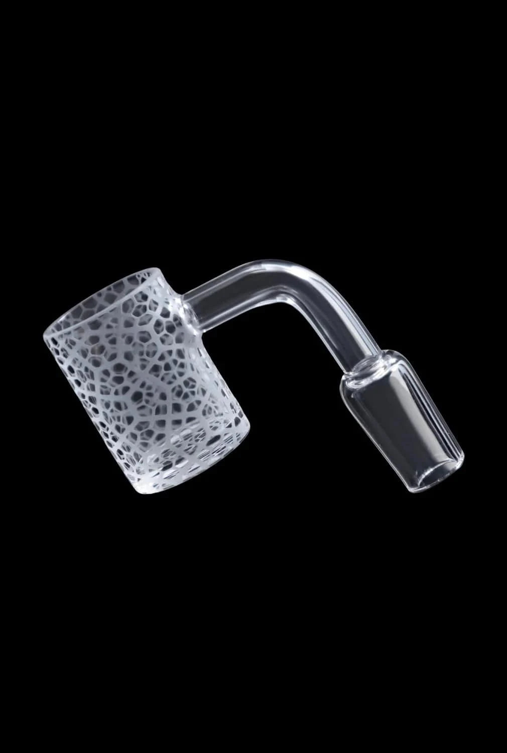 Angled close-up of the DHC Frosted Banger - 14mm showing its frosted patterned bucket and clear 90-degree neck against a black background.
