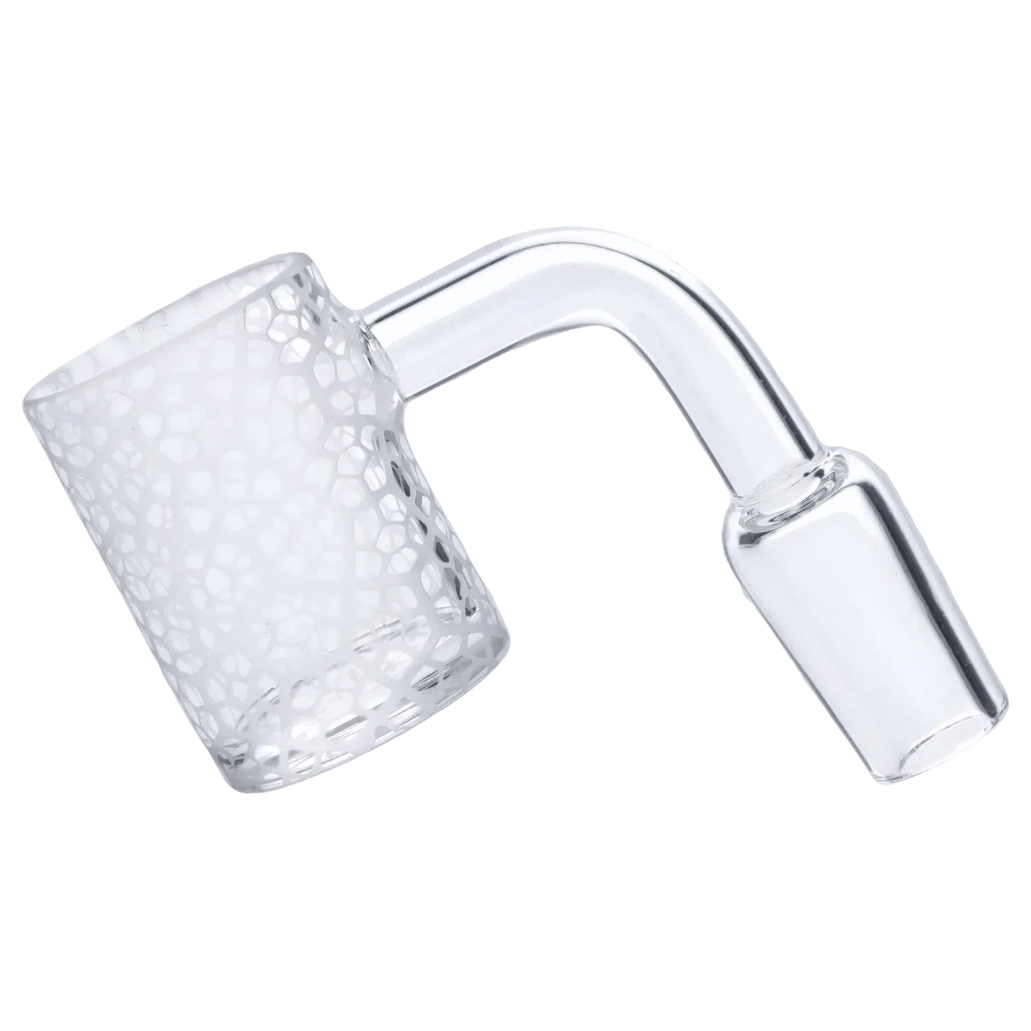 Close-up angled view of the DHC Frosted Banger - 14mm showing its frosted patterned bucket and clear curved glass neck.