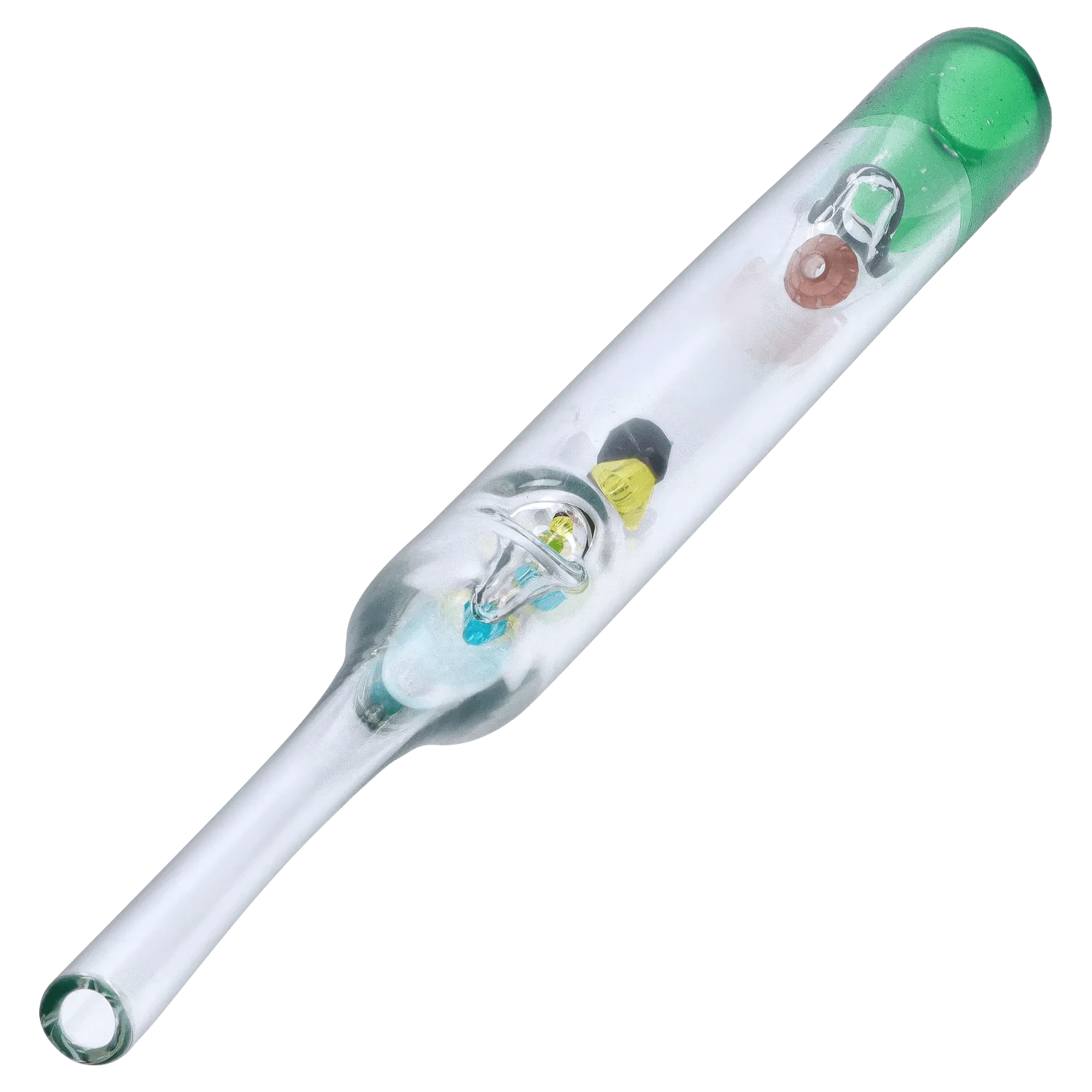 Diagonal close-up of the DHC Glass Straw with Beads showing a clear glass tube with a green rounded tip and tiny colored bead accents inside.