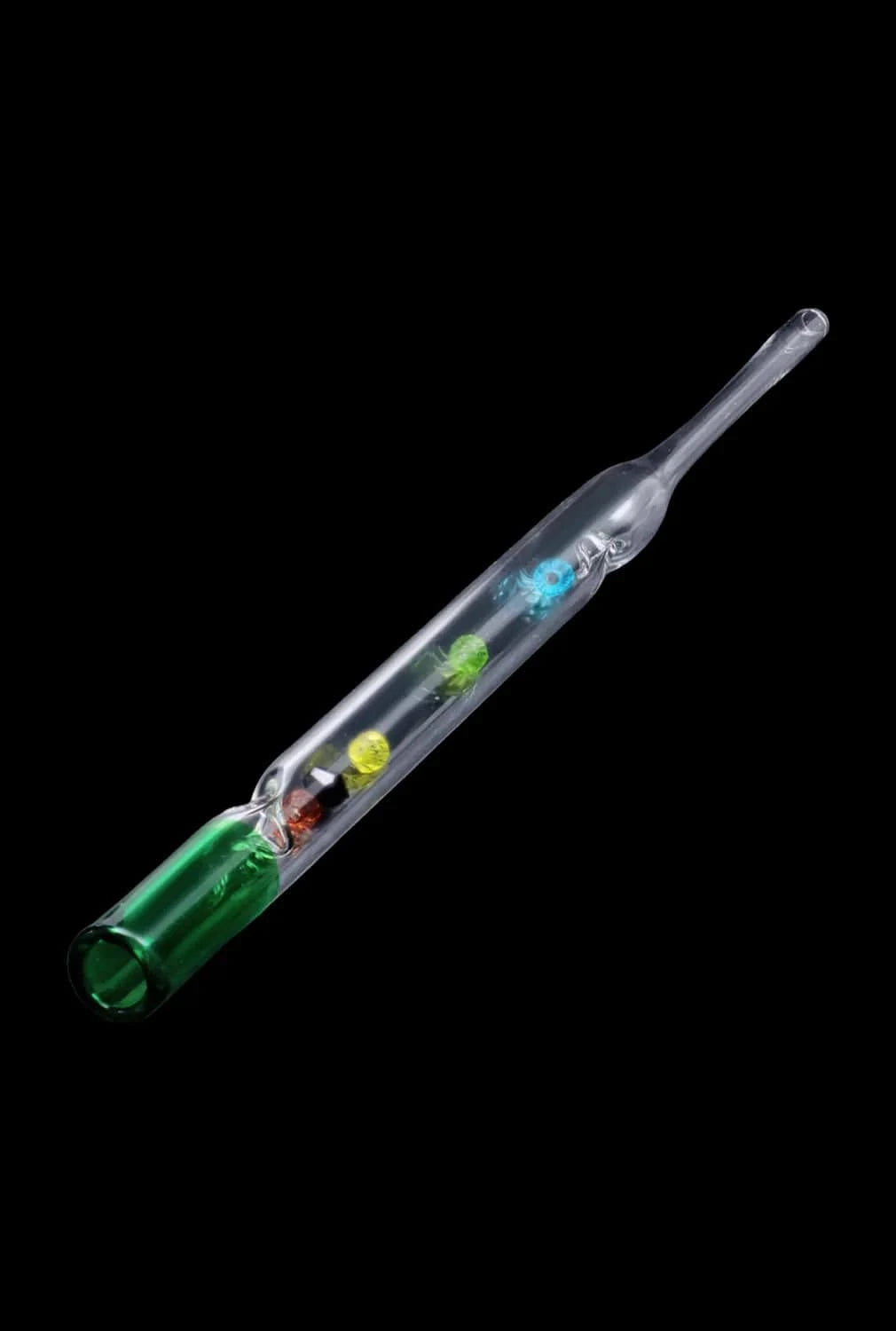 Angled close-up of a clear DHC Glass Straw with Beads showing a green-tinted mouthpiece and four colorful internal beads against a black background