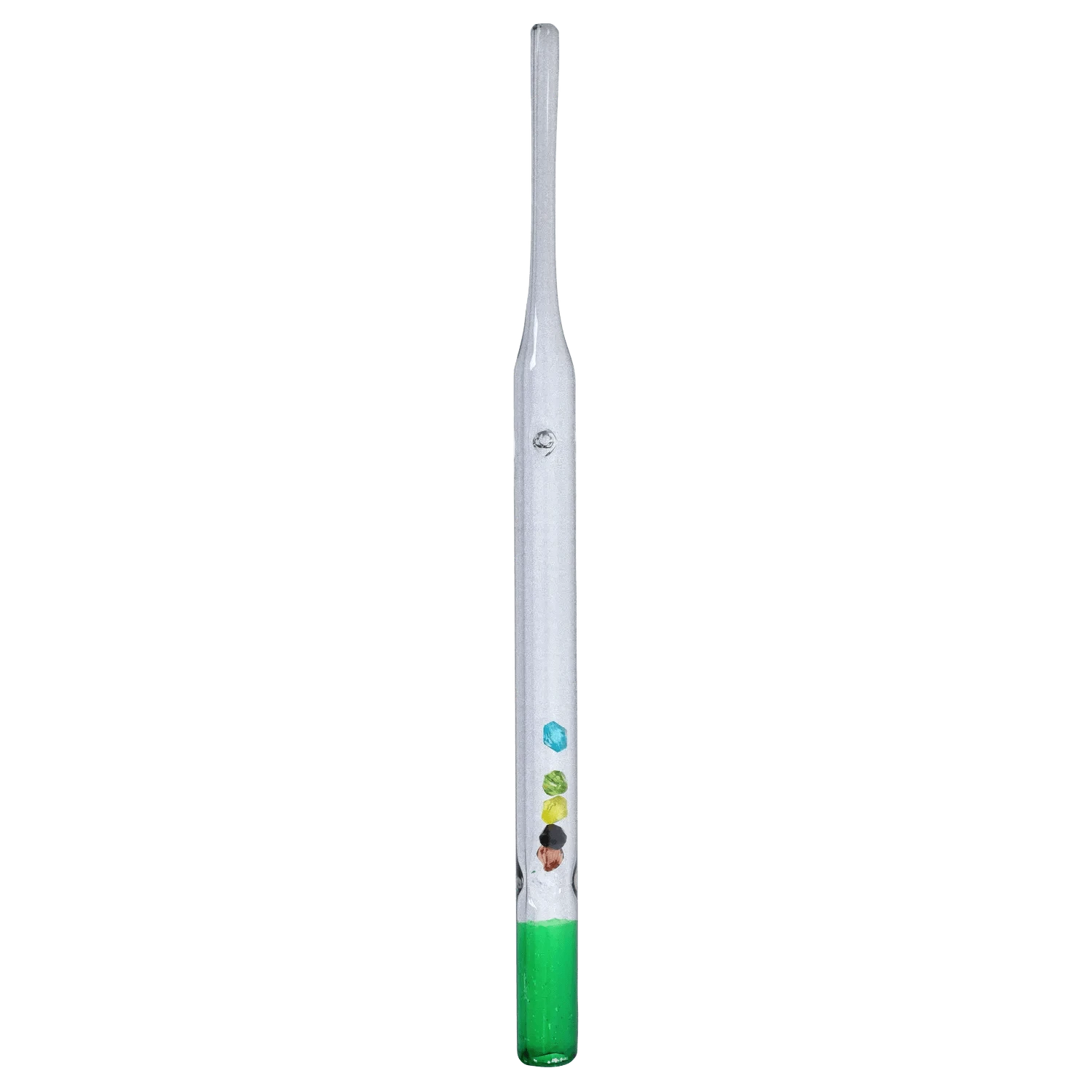 Vertical close-up of a clear DHC Glass Straw with Beads showing a green-tinted base and a column of small colored beads inside.